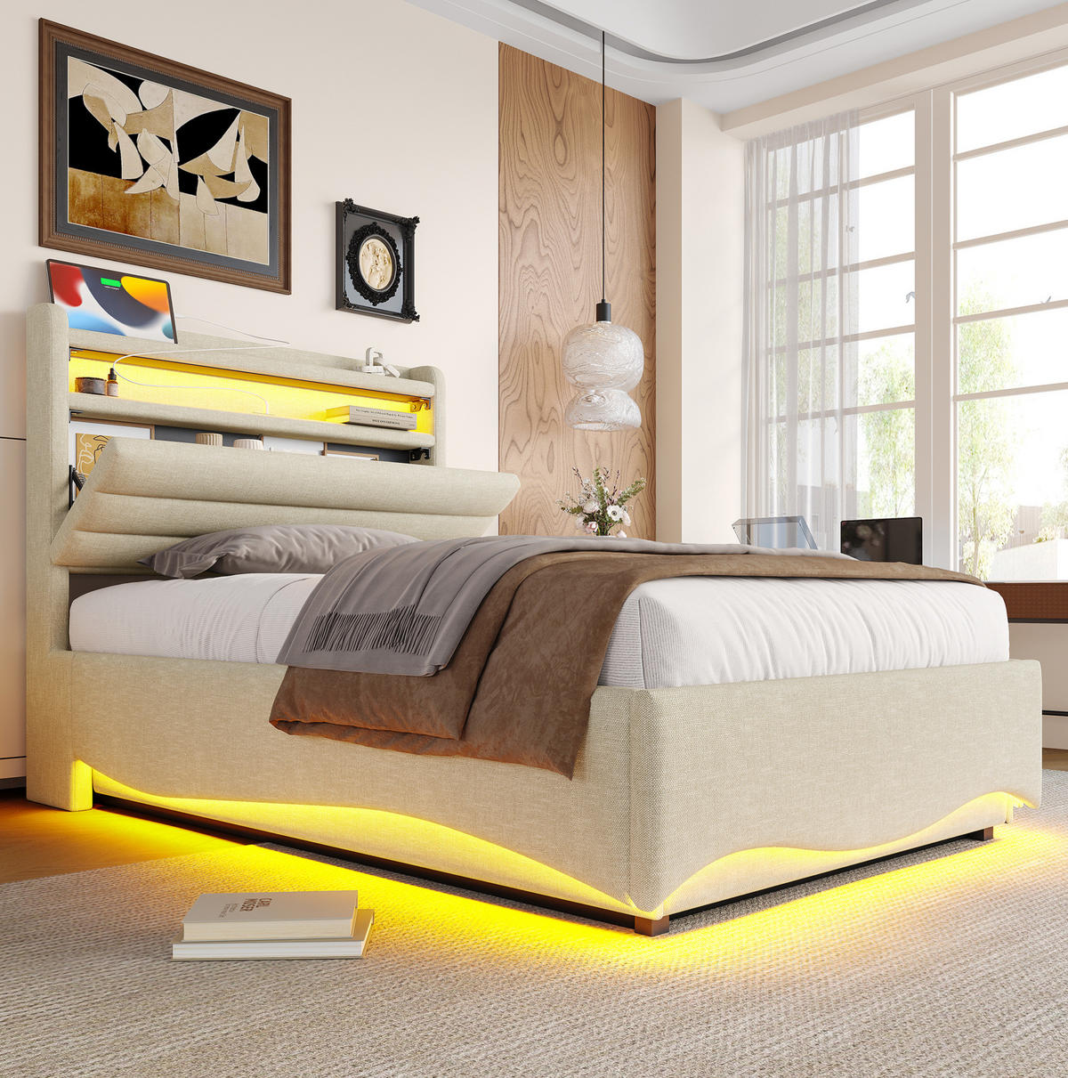 POLSTERBETT 90/200 cm beige aus Leinen mit LED und Stauraum - Beige, Textil (90/200cm) - OKWISH