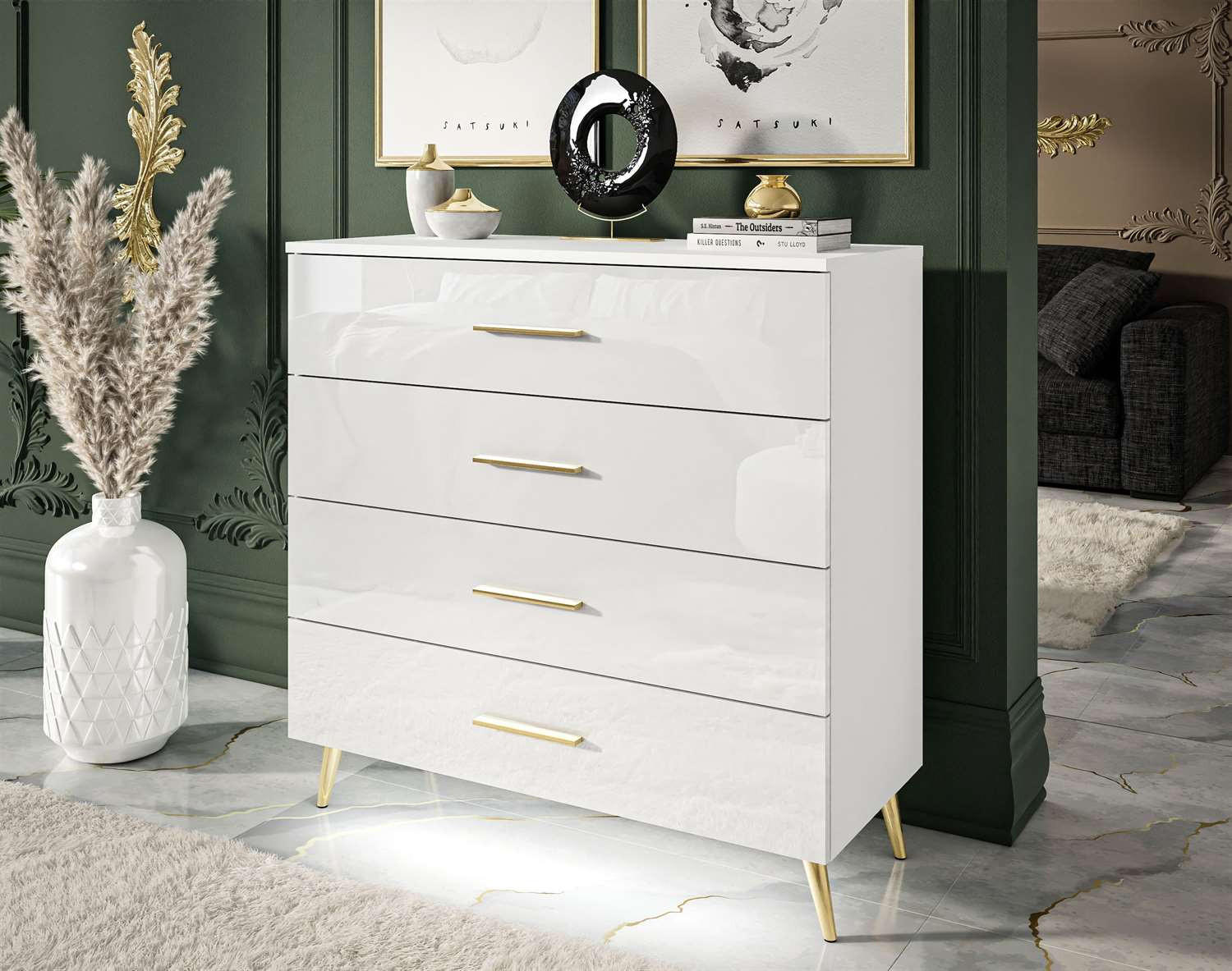 KOMMODE AURA GRIFFE mit Schubladen Beinfarbe – Gold - Goldfarben/Weiß, Holzwerkstoff (95/90/40cm) - Lookway