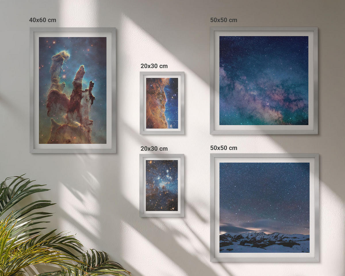 BILDER SET 5er Set - 50x50 cm & 20x30 cm & 40x60 cm Silberner Rahmen - Weltraumlandschaften von Galaxien - Silberfarben, Kunststoff (40/60cm) - TULUP