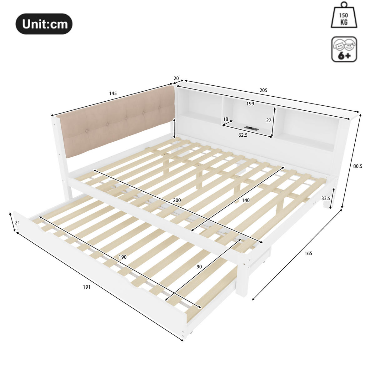 KINDERBETT 140/200 cm in Weiß mit Rollbett, Regal und LED-Beleuchtung - Weiß, Holz (140/200cm) - BEAOK