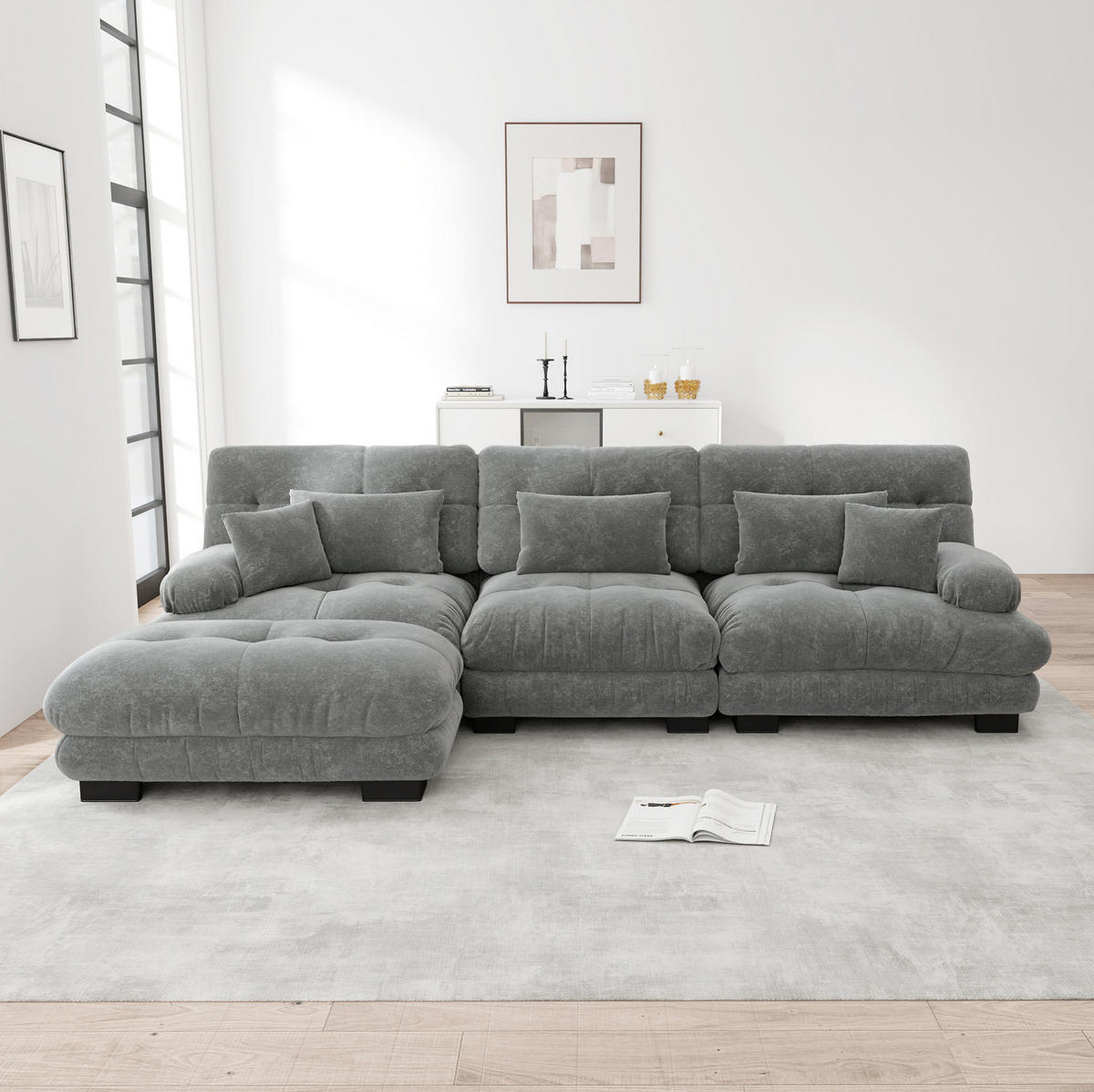 ECKSOFA modular mit beweglichen Ottomane, Cloud-Komfort und tiefem Sitz, Grau - Grau, Textil (313/145cm) - Redom