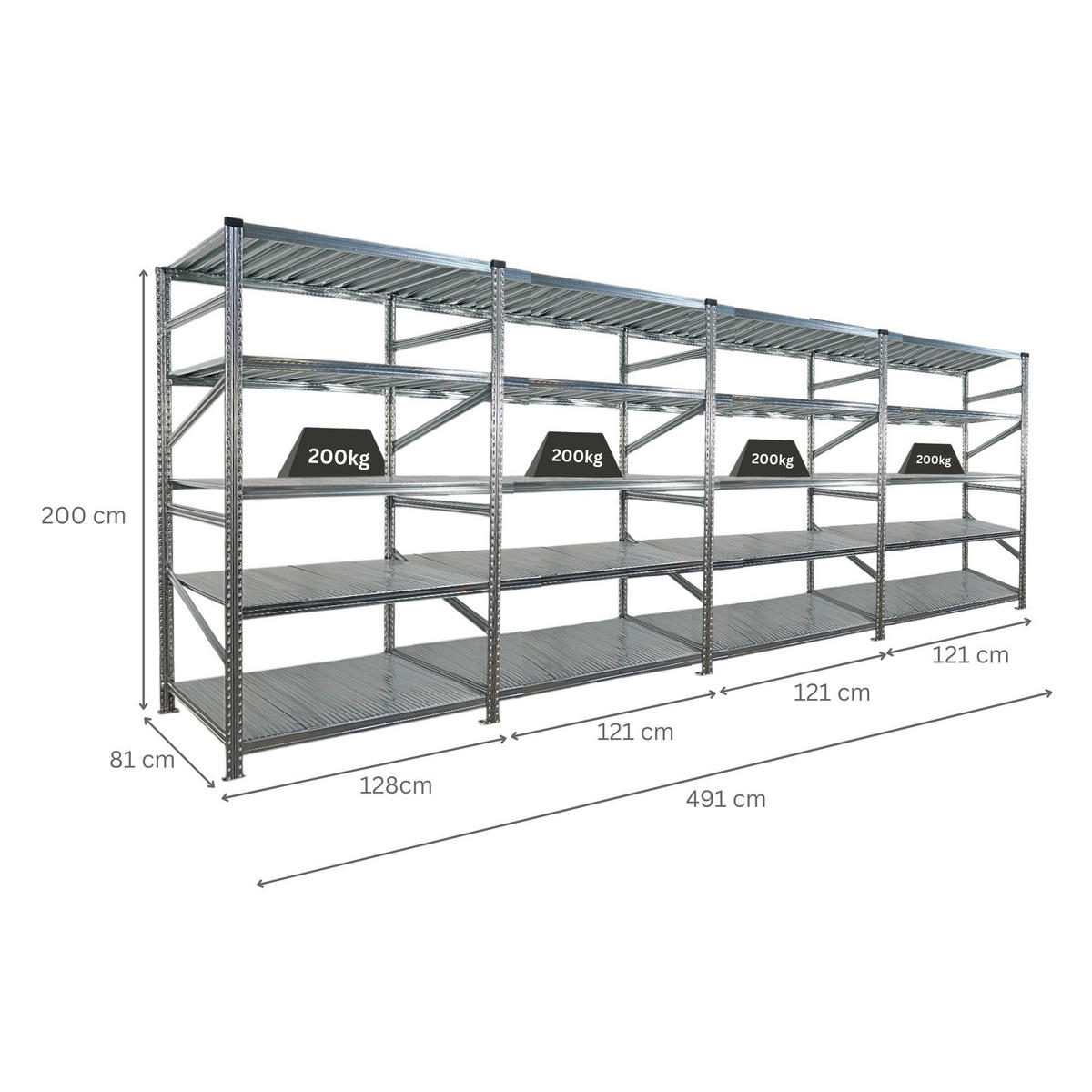 FACHBODENREGAL Proximo Stecksystem 200x480x80cm 5 Ebenen Fachlast 200 kg Beidseitig nutzbar Verzinkt - Silberfarben, Metall (480/200/80cm) - PROREGAL