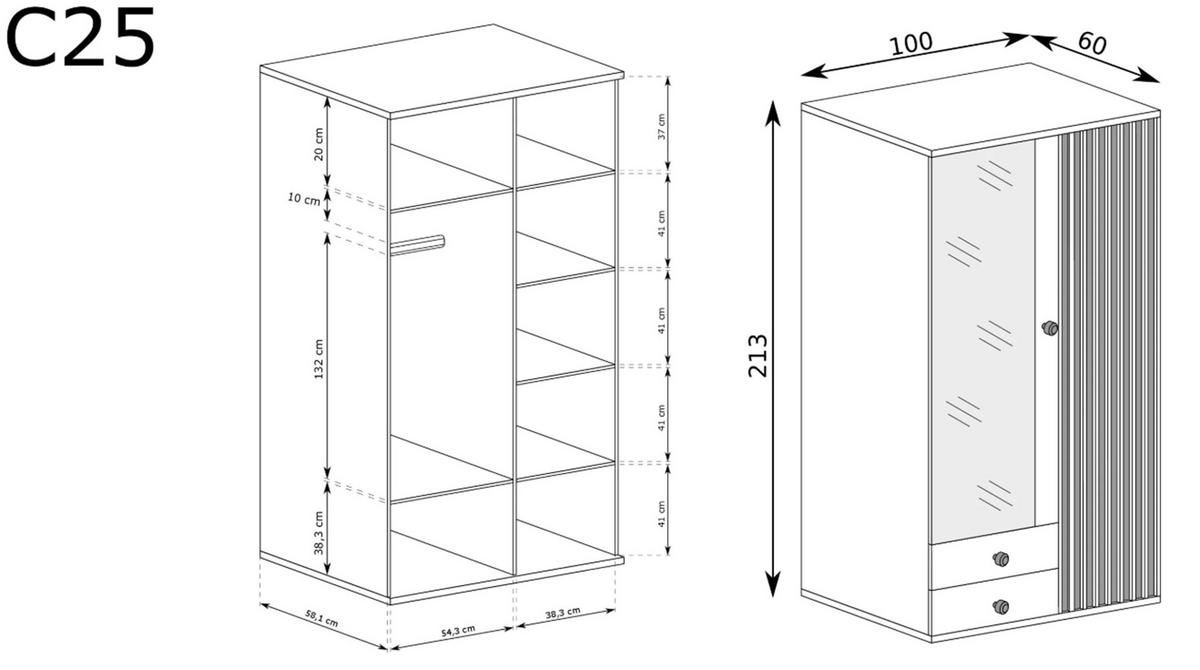 KLEIDERSCHRANK CALI C-25 - Eiche Artisan, Holzwerkstoff (100/213/60cm) - Meblini