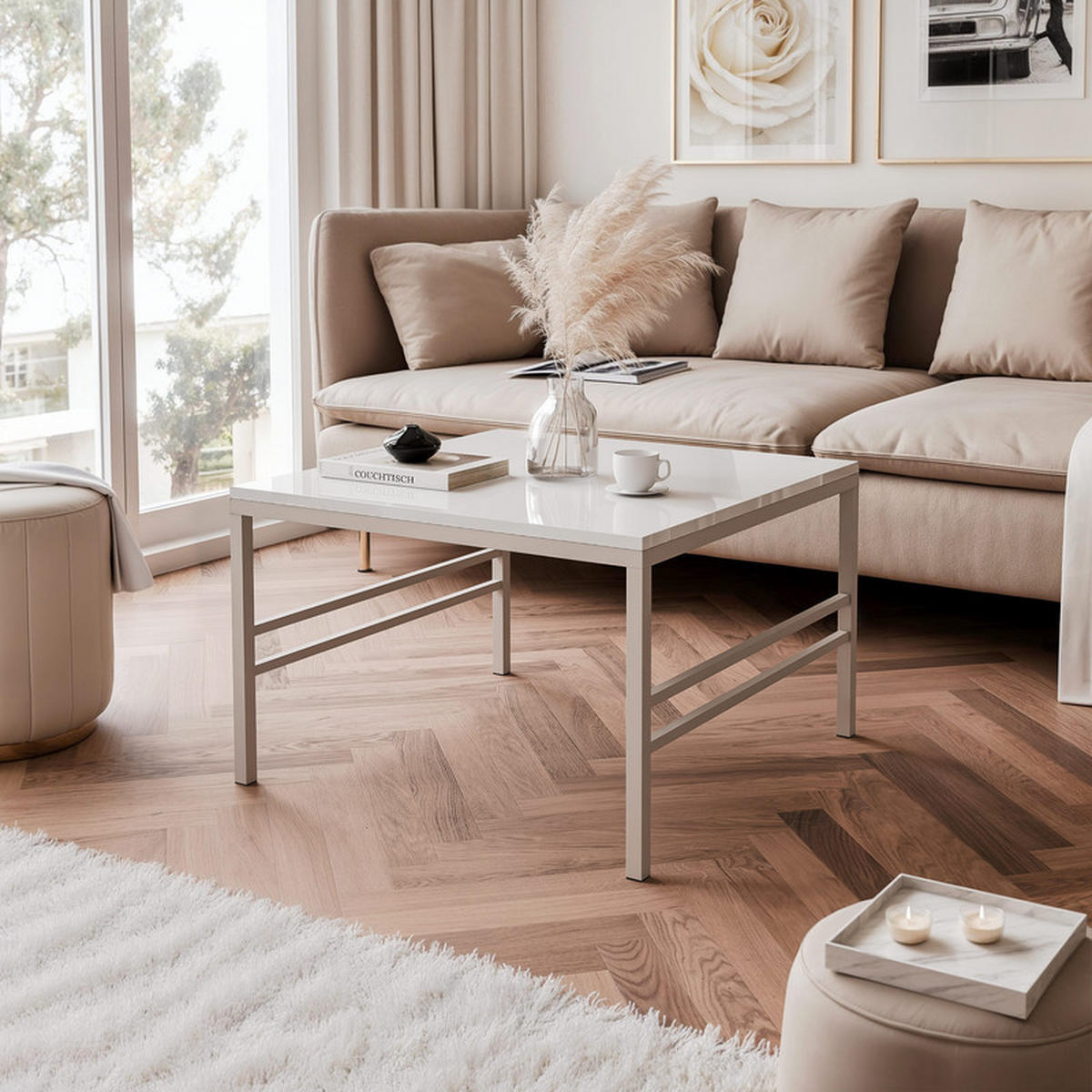 COUCHTISCH FORMA 60/60 cm Quadrat, Kaschmir / Weiß Hochglanz - Kaschmir/Weiß Hochglanz, Metall (60/60/46cm) - Idohome