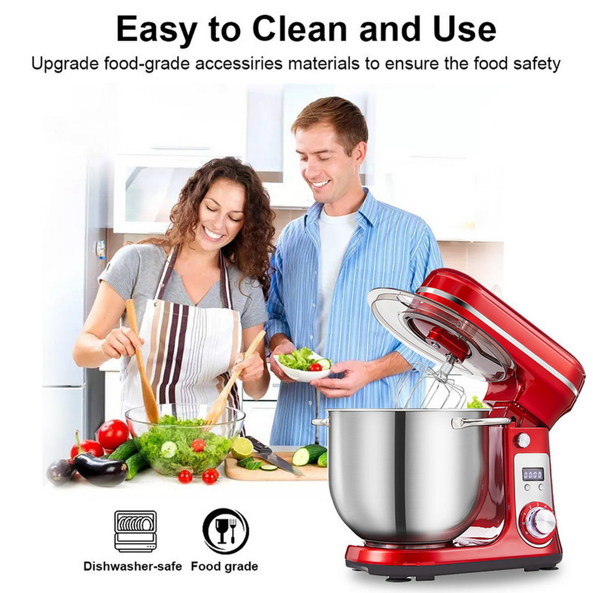 KÜCHEN-STANDMIXER – 1200 W DC, 6 Geschwindigkeiten, 6 L Edelstahlschüssel, mit Schneebesen und Knethaken - Schwarz, Metall (17/31/28cm) - Coonoor