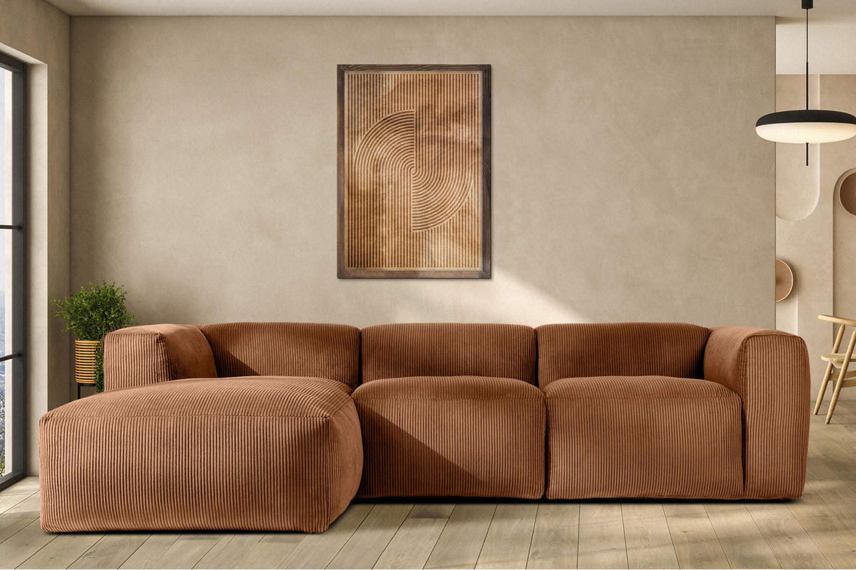 ECKMODULSOFA-LINKS BUFFO mit extrem weicher und bequemer Sitzfläche, Kordstoff, ore - Orange, Textil (297/180cm) - KONSIMO®