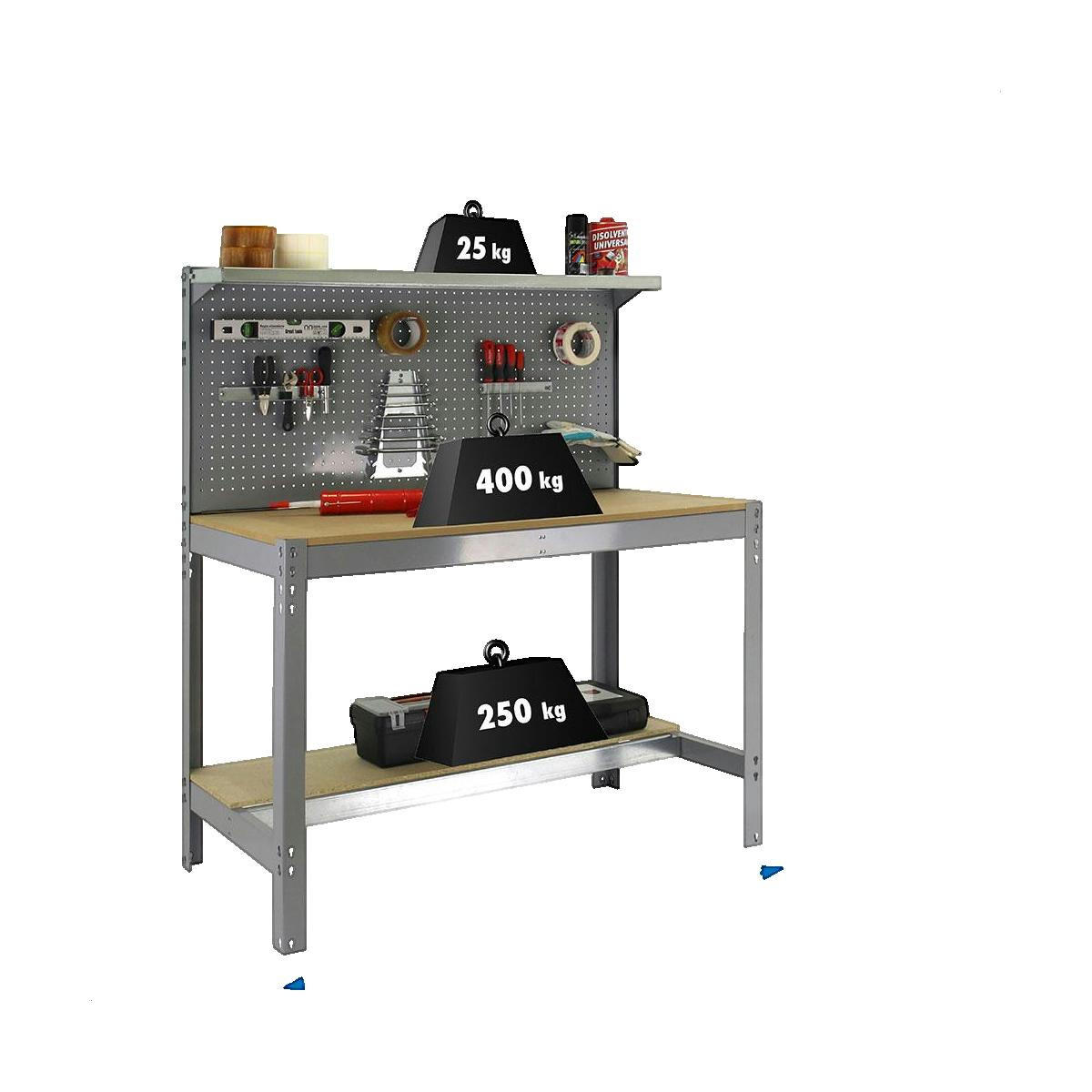 WERKBANK BUFFALO mit Werkzeugwand und Ablage | HxBxT 84x90x61cm | Traglast 400kg | Grau - Grau, Metall (90/90/144cm) - PROREGAL