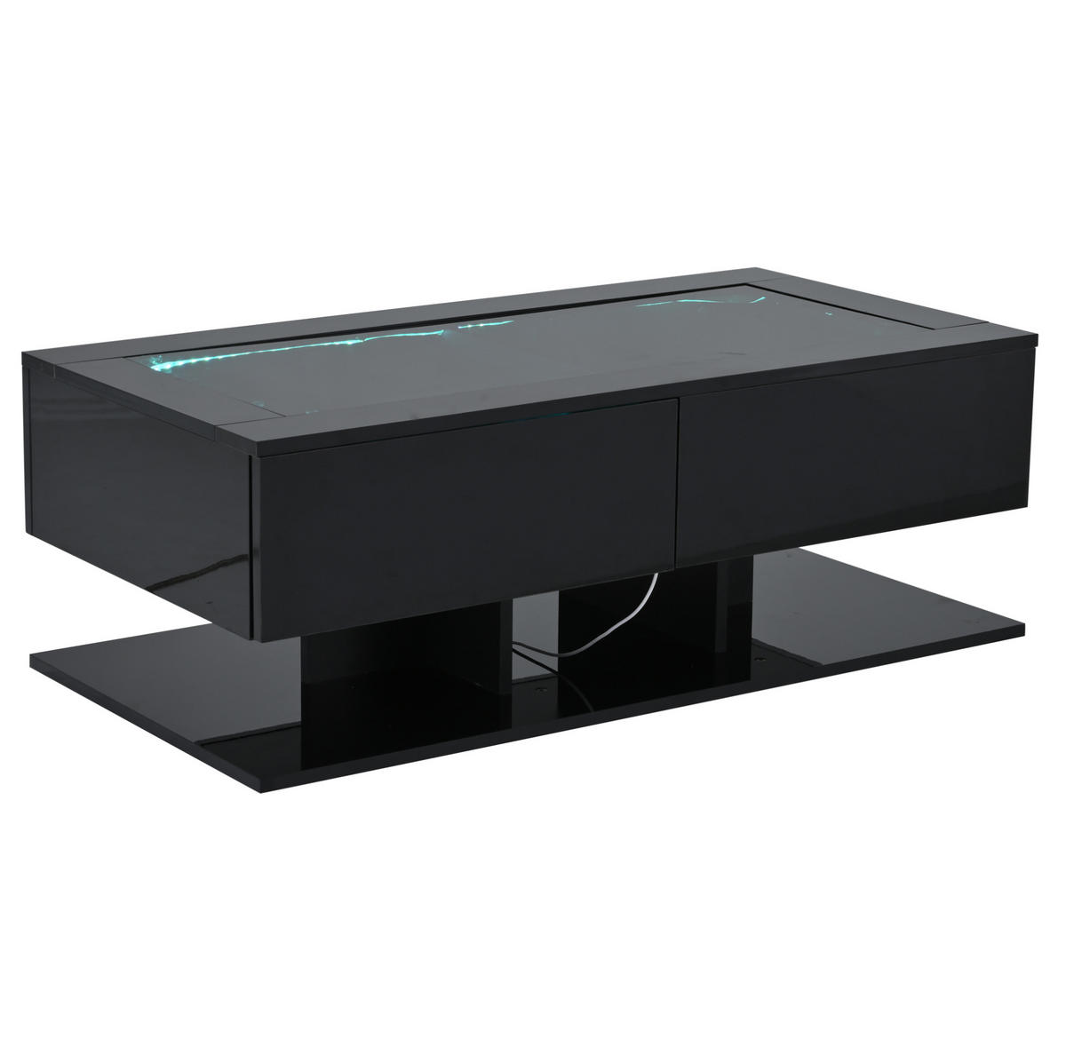COUCHTISCH 100/50/35 cm mit 2 Schubladen, Glasplatte und LED-Beleuchtung in Hochglanz, Schwarz - Schwarz, Holzwerkstoff (100/50/35cm) - Redom