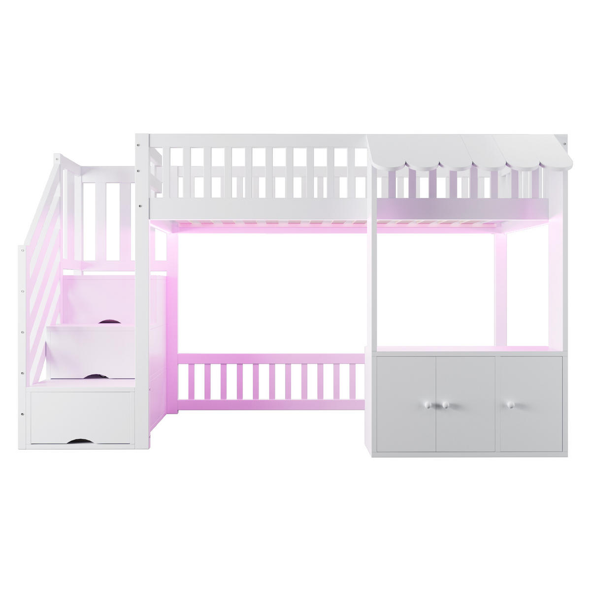 HOCHBETT Weiß aus Holzwerkstoff als Hochbett mit Stauraumtreppe, Stauraumschrank und mehrfarbiger LED-Lichtleiste - Weiß, Holzwerkstoff (90/200cm) - Luhomfu