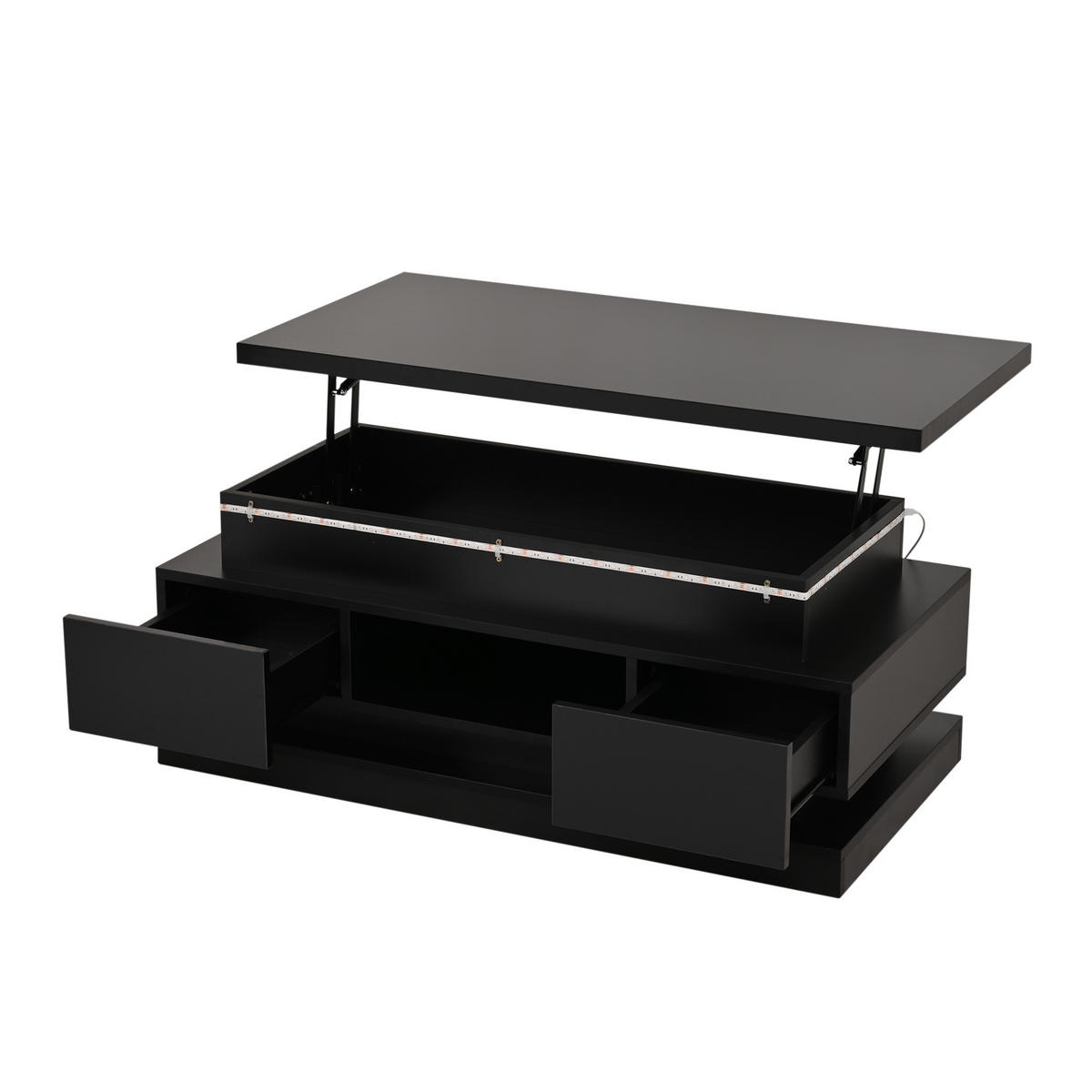 COUCHTISCH Schwarz Hochglanz anhebbar mit LED und 2 Schubladen 100/50/40 cm - Schwarz, Holzwerkstoff (50/100/40cm) - PANGIVO