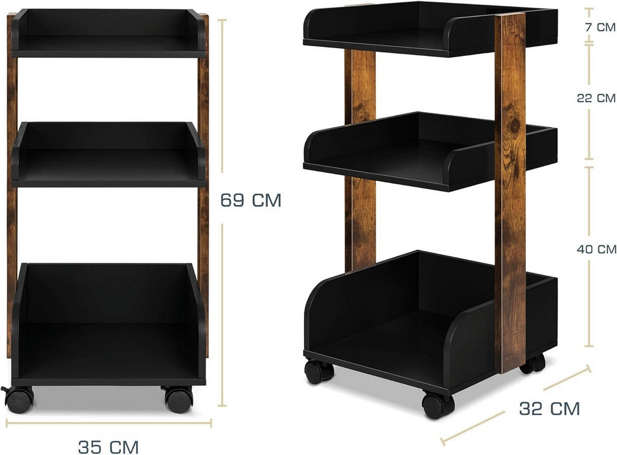 ROLLWAGEN Bosse Schwarz-Braun - Wildeiche/Schwarz Hochglanz, Holz/Holzwerkstoff (32/69/35cm) - BoMoe