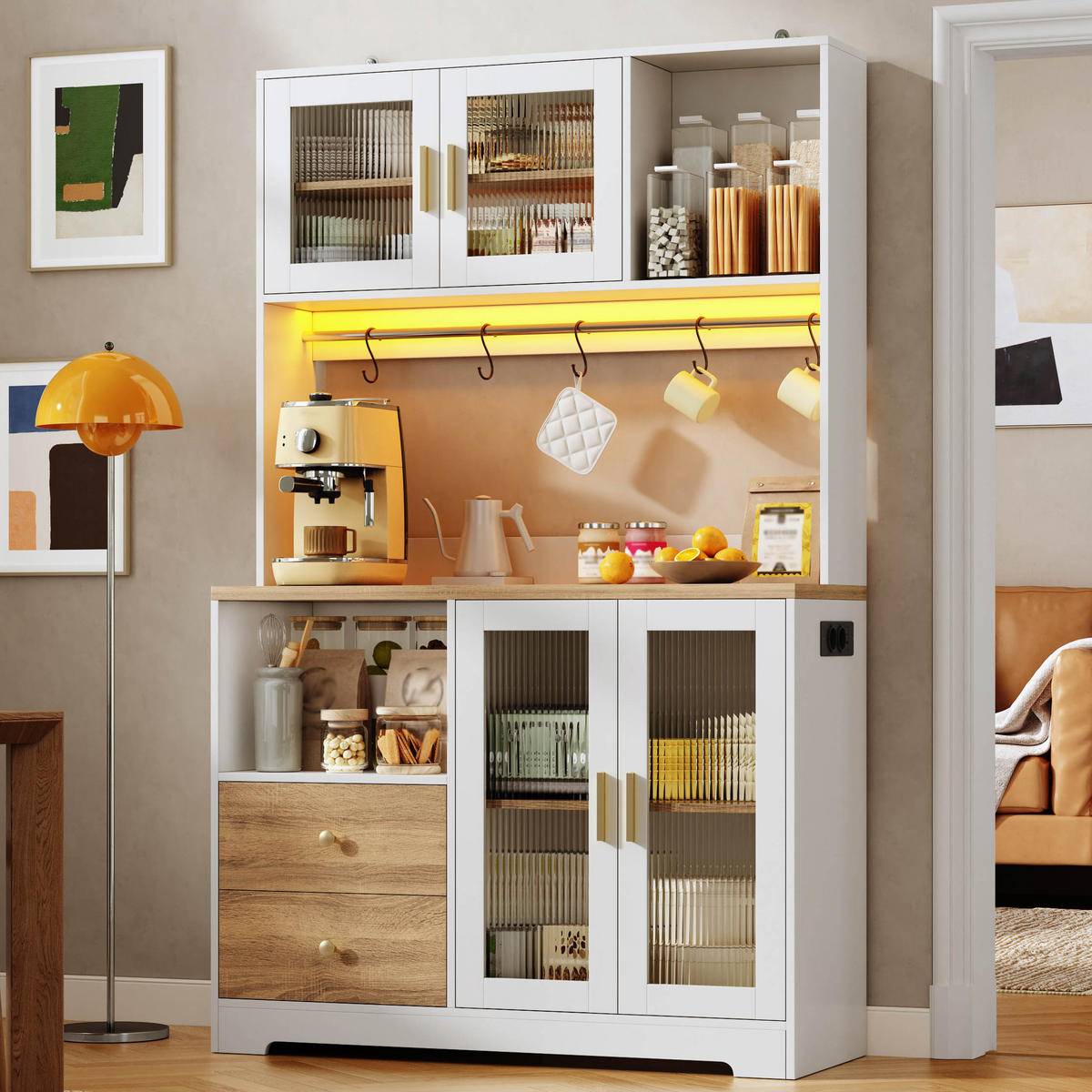 BUFFET 178 cm MDF Natur Weiß mit RGB-LED, Weinregal und Glasfront - Weiß, Holzwerkstoff (40/178/110cm) - Korfee