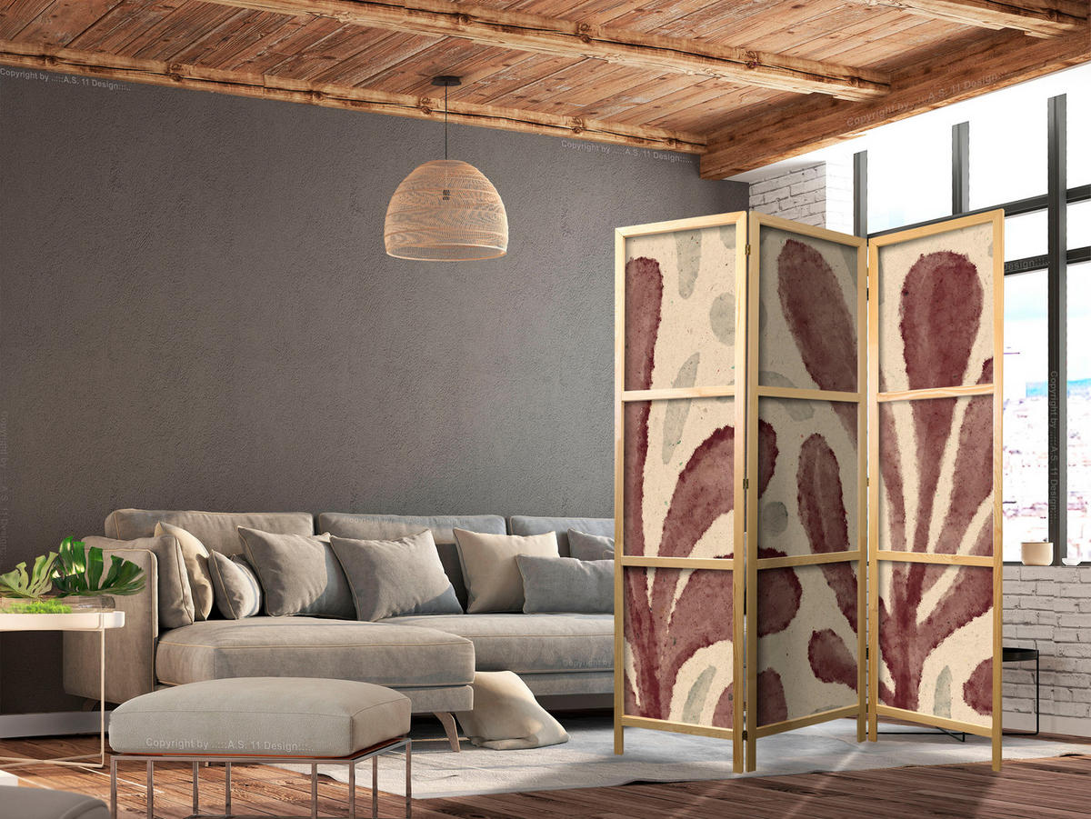PARAVENT Japanischer 3-tlg 135x172 cm Abstrakte Bl tter - Multicolor, Holz/Textil (135/172/3cm) - Muralo