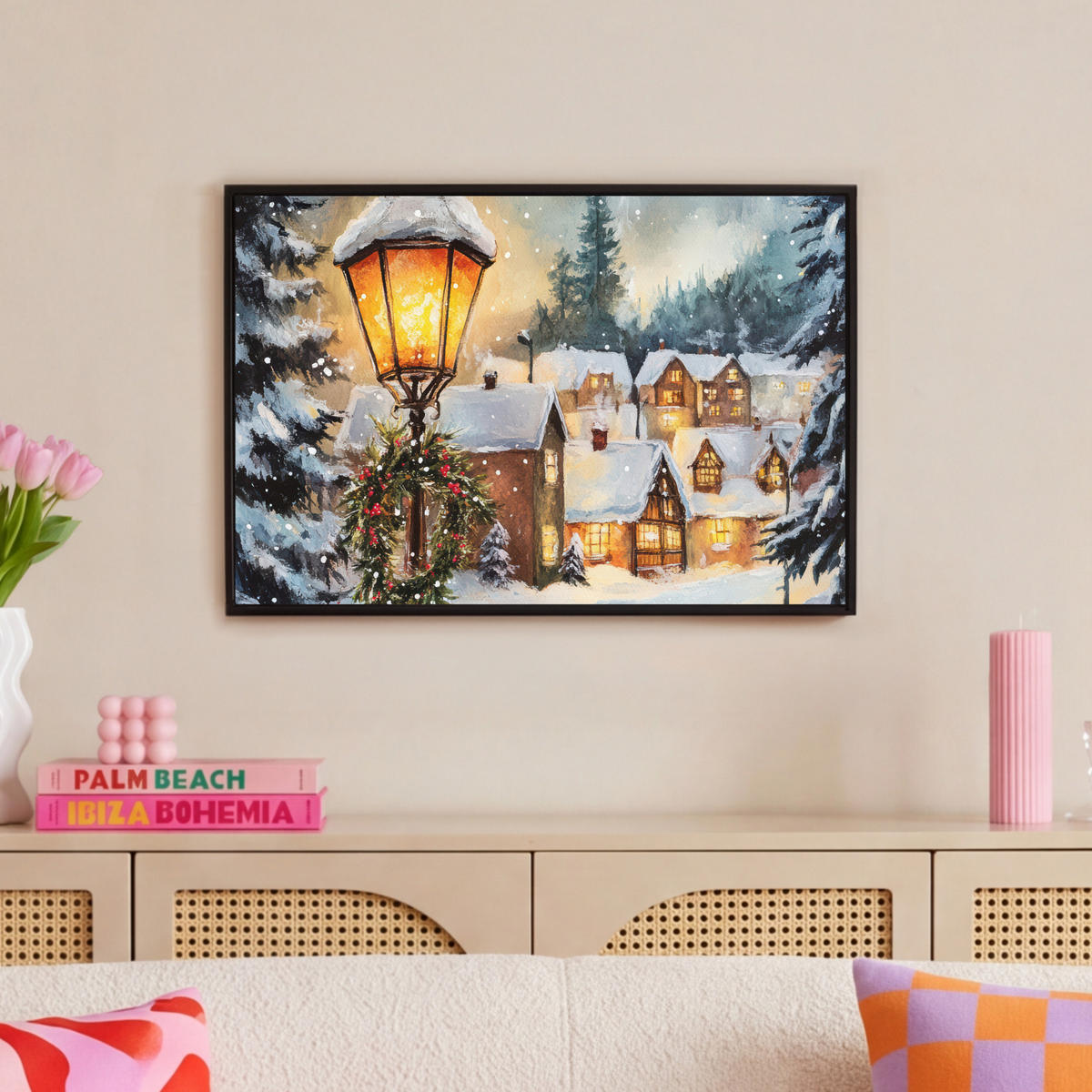 LEINWAND Bilder mit Rahmen - Weihnachtsdorf - Häuser - Schnee - Weihnachten - 60x40 - Sandfarben, Textil (60/40cm) - MuchoWow
