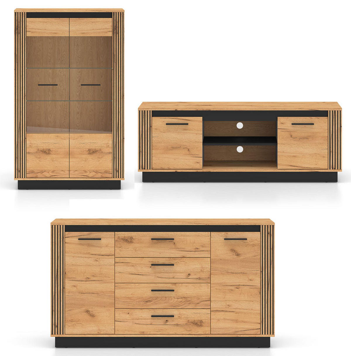 WOHNZIMMER-SET Urso 3-teilig Gold Craft Eiche / Schwarz - Eichefarben/Schwarz, Holz/Holzwerkstoff (402/141/40cm) - Feldmann-Wohnen