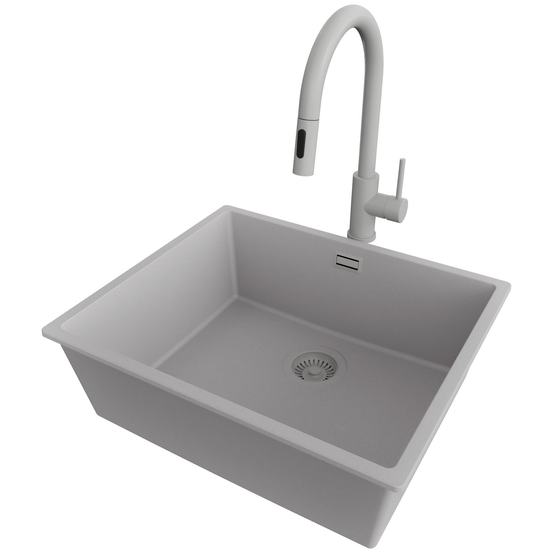 UNTERBAUSPÜLE GRANIT London, 3-er set Alles Grau 56/47 cm, 1 Becken + Küchenarmatur 40/20 cm + Ablauf-Set ab 60er Unterschrank - Grau, Kunststoff (56/20/47cm) - Primagran