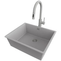 UNTERBAUSPÜLE GRANIT London, 3-er set Alles Grau 56/47 cm, 1 Becken + Küchenarmatur 40/20 cm + Ablauf-Set ab 60er Unterschrank - Grau, Kunststoff (56/20/47cm) - Primagran