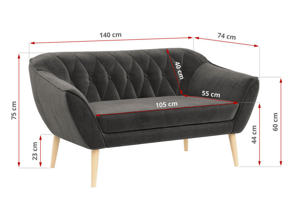 SOFA Pirs 2 Sitzer Velvet Grau - Braun/Grau, Holz/Textil (140/75/74cm) - MKS