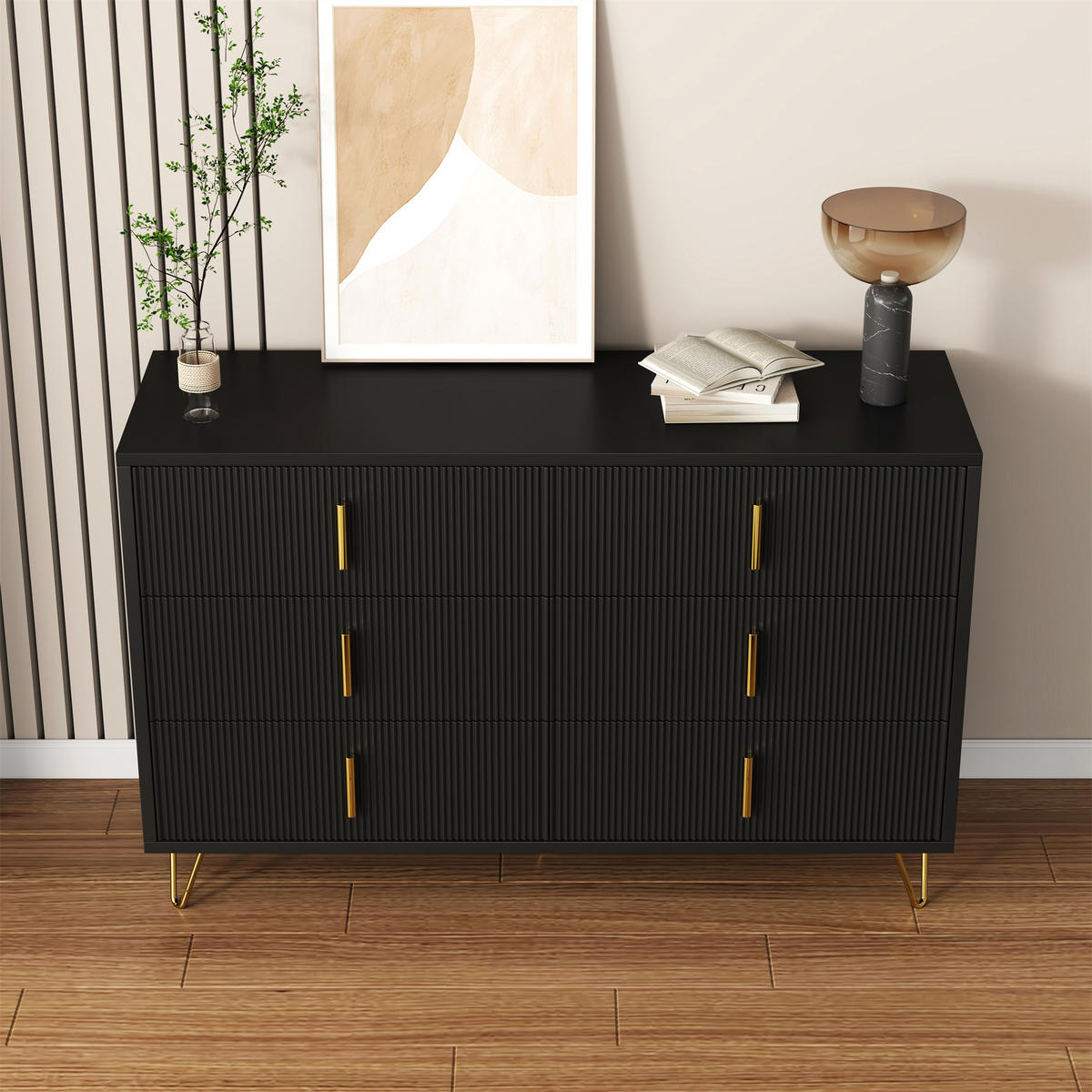 SIDEBOARD Modern Design Stauraum Goldene Griffe Kommode - Schwarz, Holzwerkstoff (40/77/120cm) - FLIEKS