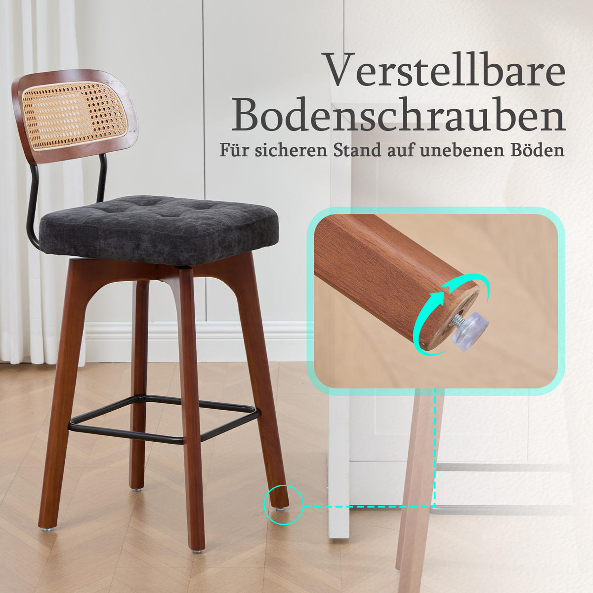 BARHOCKER 2er Set, 360° drehbar, Wiener Geflecht/Chenille, 67,5cm Sitzhöhe,Schwarz - Wildeiche/Schwarz, Holz/Textil (44/96/51cm) - LVHOM