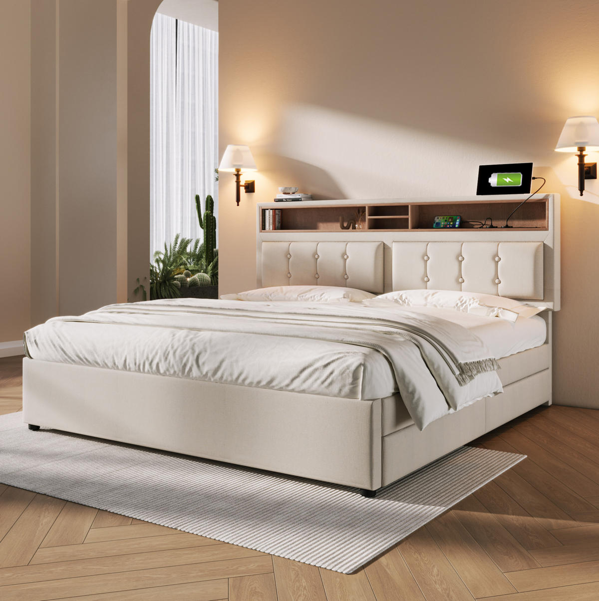 BETT mit 4 Schubladen und USB/Typ-C 140x200 cm Leinen Beige - Beige, Metall (140/200cm) - Meubliv