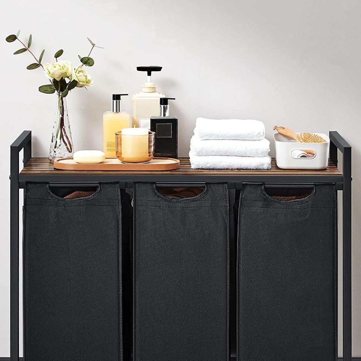 WÄSCHEBEHÄLTER mit 3 Fächern 38L - Schwarz, Holzwerkstoff (33/72/92.5cm) - Calicosy