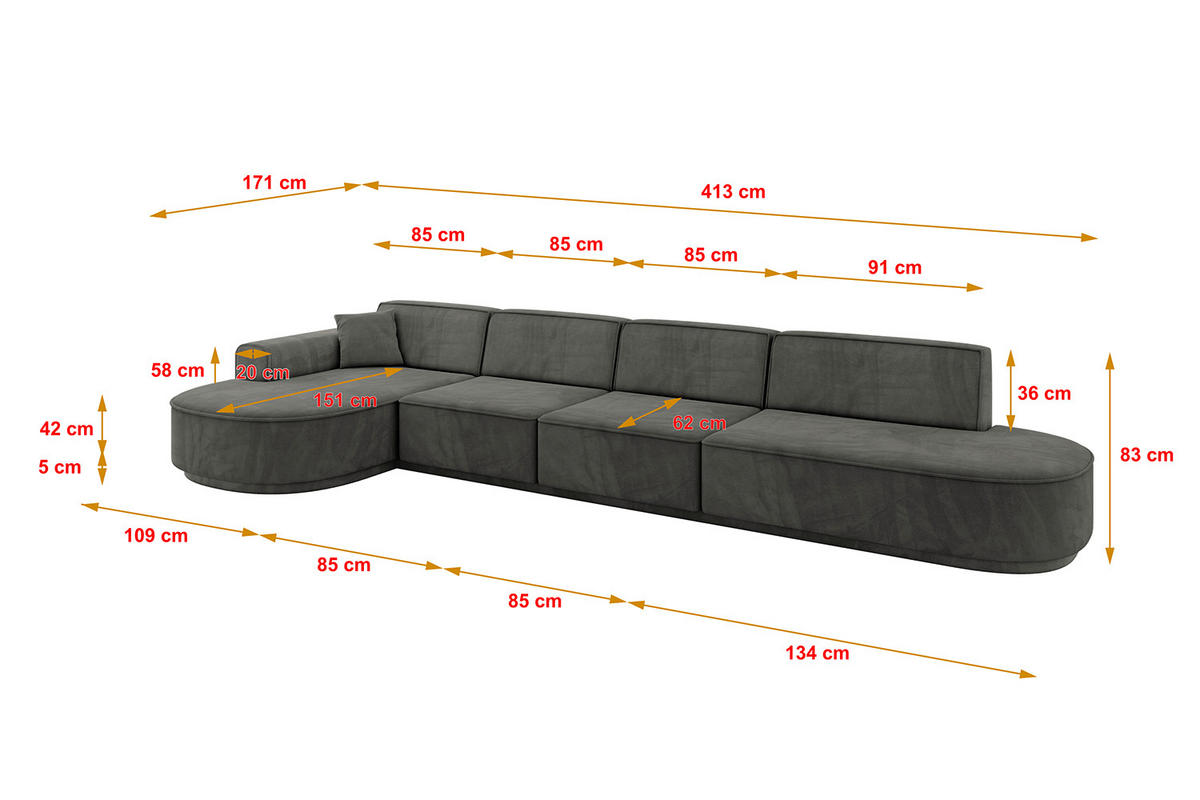 ECKSOFA Ottomane Links MARI-L3-v3 - 413x171x83 cm Dunkelgrau Velours - Dunkelgrau/Schwarz, Holzwerkstoff/Kunststoff (413/171cm) - ALTDECOR