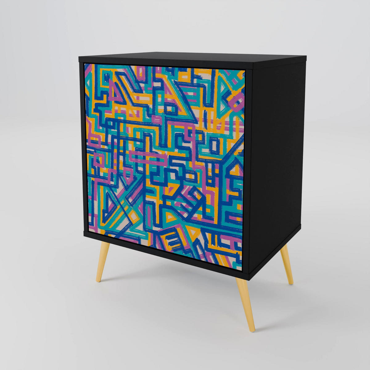 SIDEBOARD MEMORIES MAP, Schwarz, 57,5x42x67,5 cm, Schwarze Metall-Rahmenfüße - Multicolor/Schwarz, Holzwerkstoff/Metall (57.5/67.5/42cm) - SpaceRebels