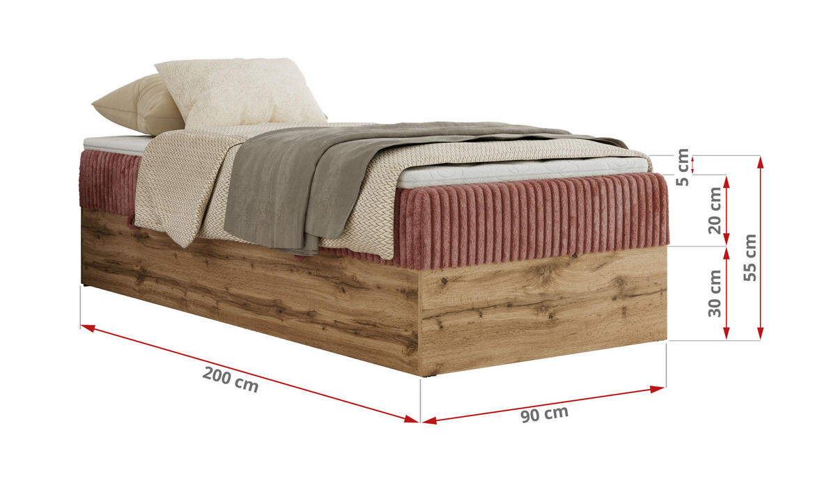BOXBETT WOOD ZERO 90/200 - Rosa Cord - H3 - Topper Visco - Rosa, Textil (90/200cm) - MKS