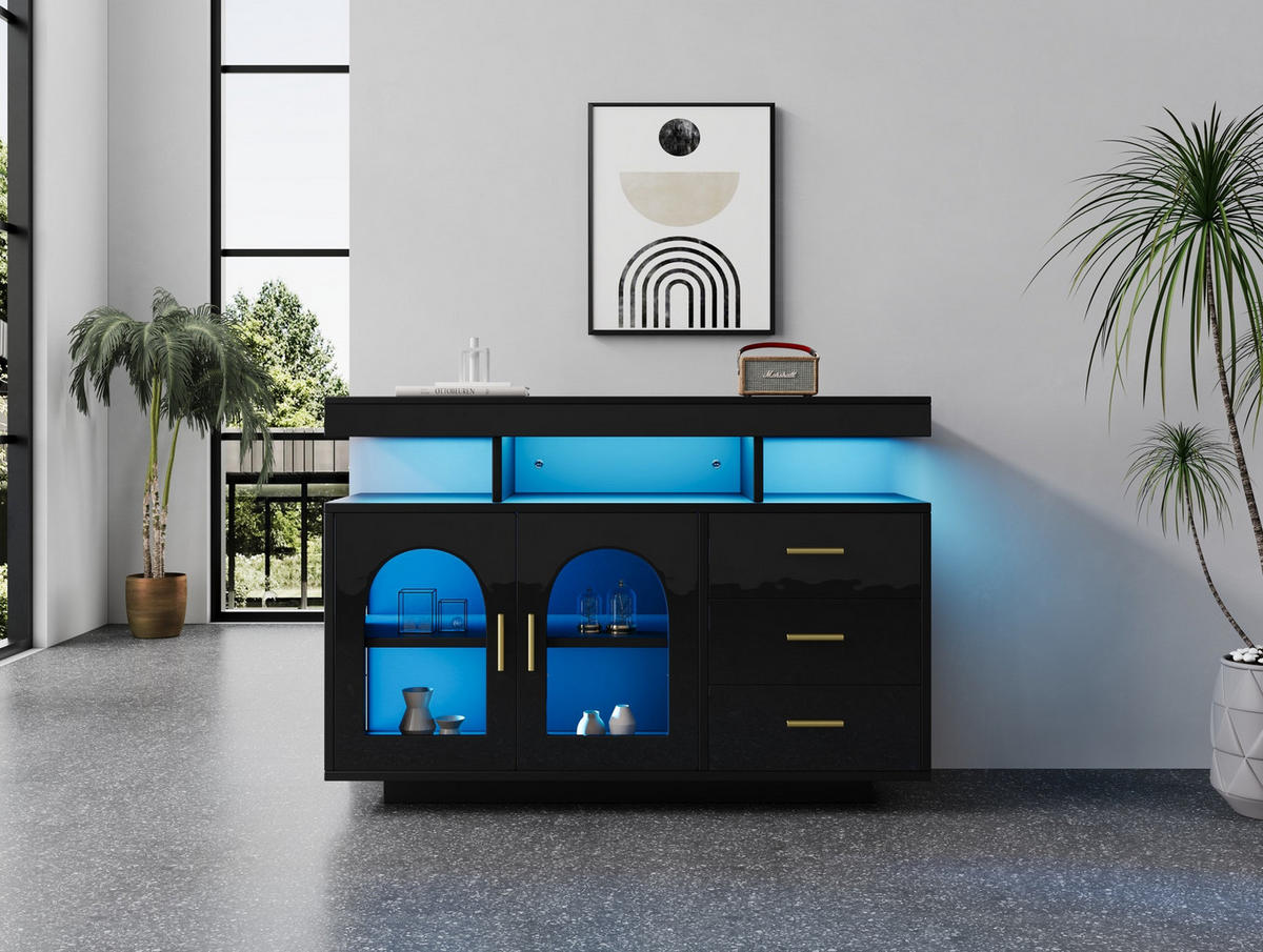 SIDEBOARD 120/40/80 cm Schwarz aus Spanplatte mit LED-Beleuchtung - Schwarz, Holzwerkstoff (40/80/120cm) - OKMYHOME