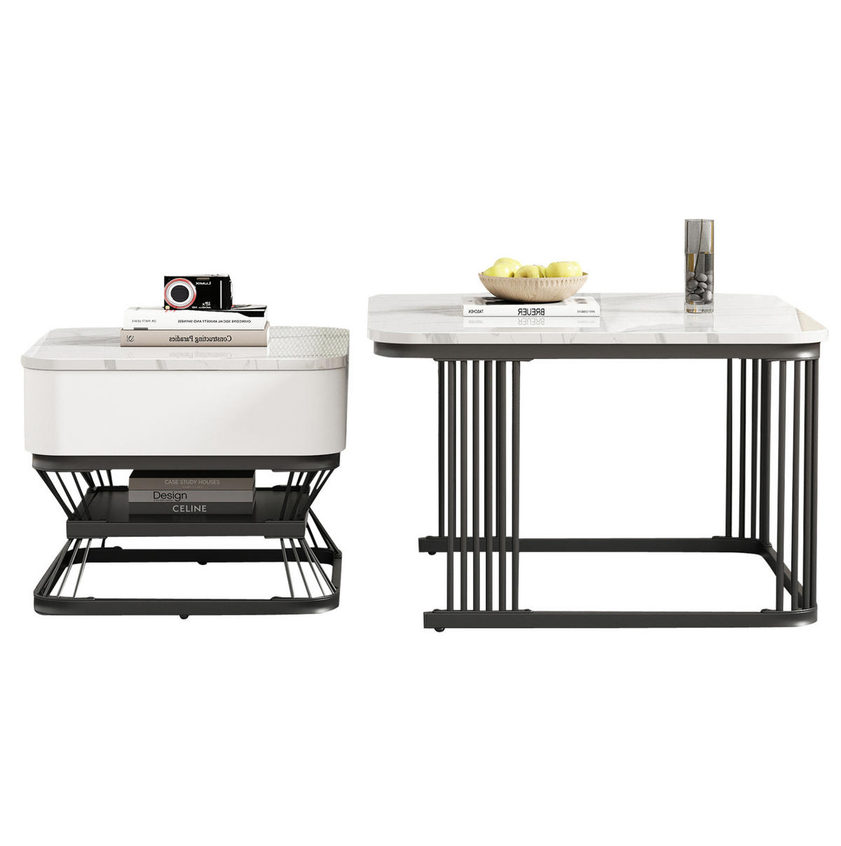 COUCHTISCH-SET aus MDF und Metall 70x70x45+50x50x40 cm Weiß/Schwarz mit 1 Schublade und Hochglanz-Kunstmarmor - Weiß, Glas (70/70/45cm) - Modfu
