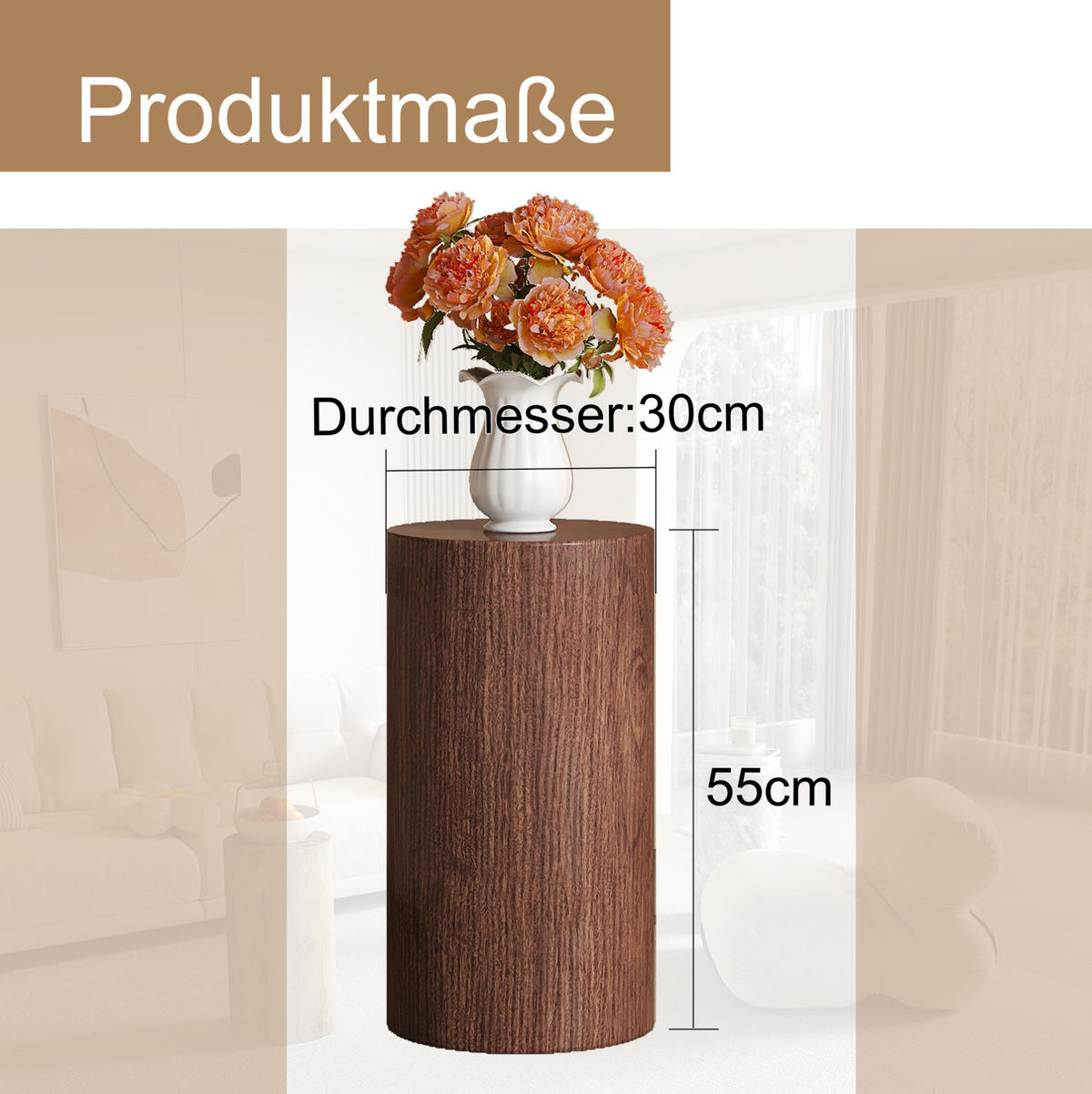 BEISTELLTISCH 30/30/55 cm rund, aus MDF mit wasserabweisender Tischplatte, Nussbaumfarben - Walnussfarben, Holzwerkstoff (30/30/55cm) - Redom