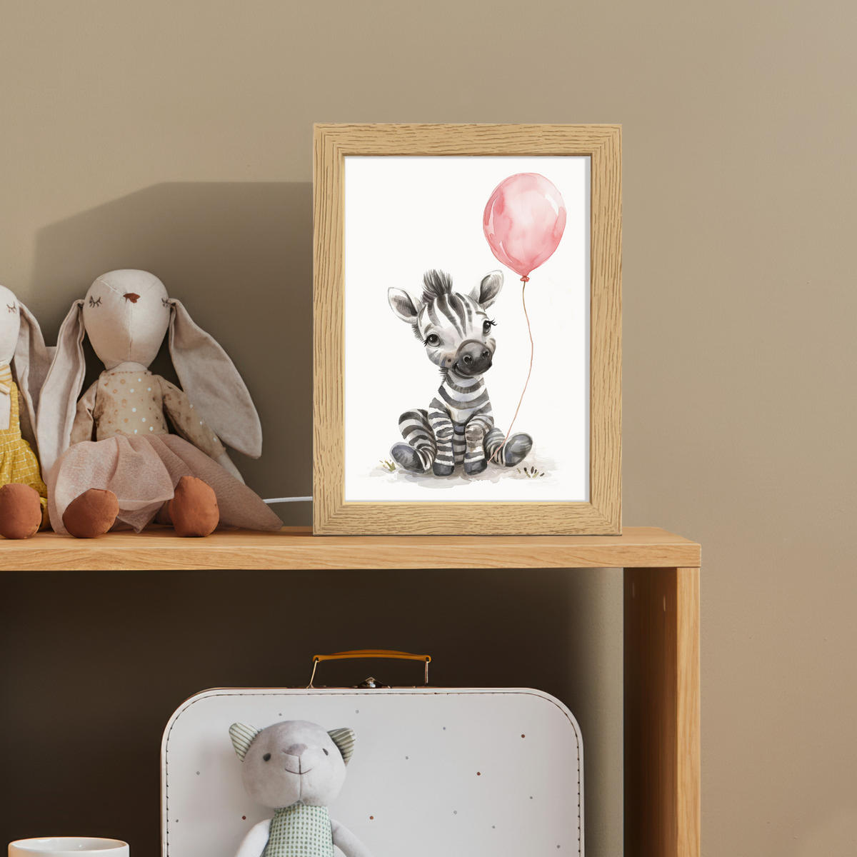 NACHTTISCHLAMPE Zebra - Baby - Tiere - Rosa Luftballon 15x20 cm - Weiß, Holzwerkstoff (8/15/20cm)