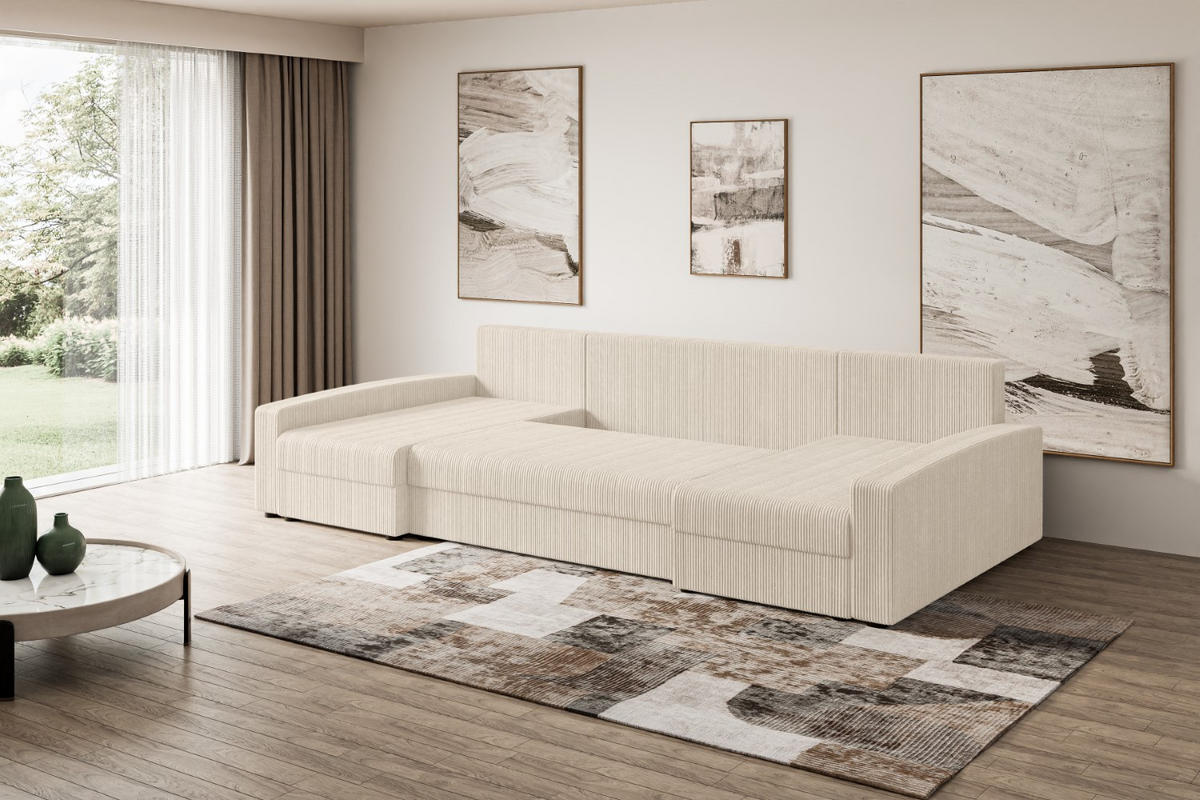 WOHNLANDSCHAFT mit Schlaffunktion und Bettkasten ALESIA-U 301x140x90 cm Beige Cord - Beige/Silberfarben, Holzwerkstoff/Kunststoff (301/90/140cm) - ALTDECOR