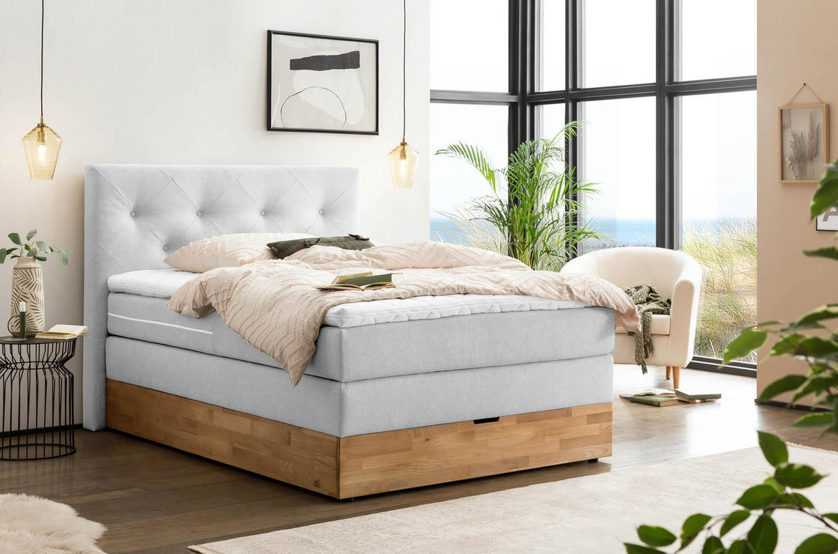 BOXSPRINGBETT MARBO 140x200 Weissgrau H2 und H3 mit Bettkasten 7-Zonen Taschenfederkern Matratze inkl. Visco Topper und Eiche - Weiß, Textil (140/200cm) - Belanoti