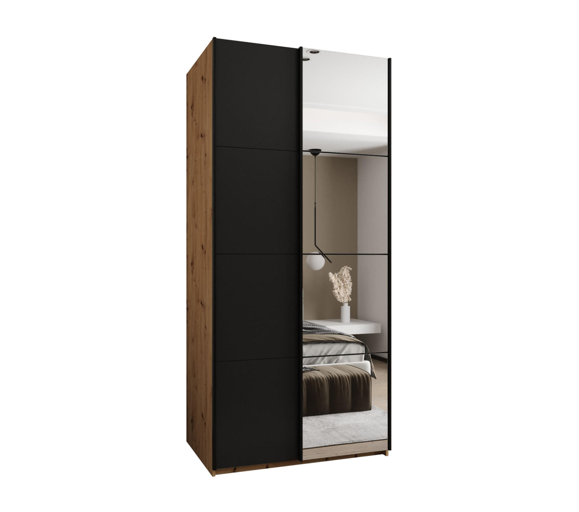 Abiks Möbel Schwebetürenschrank Eiche Artisan, Schwarz, Schwarz 100x245x64 cm