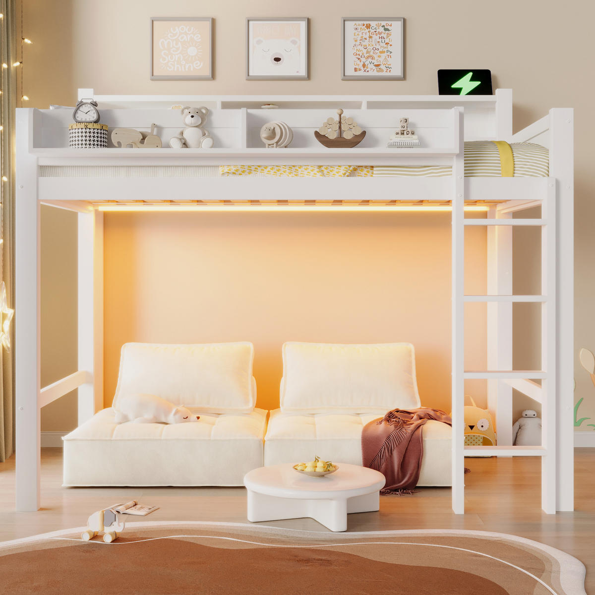 HOCHBETT 90/200 cm in Weiß mit 3 Schränken, LED und USB - Weiß, Holzwerkstoff (90/200cm) - STILVORA