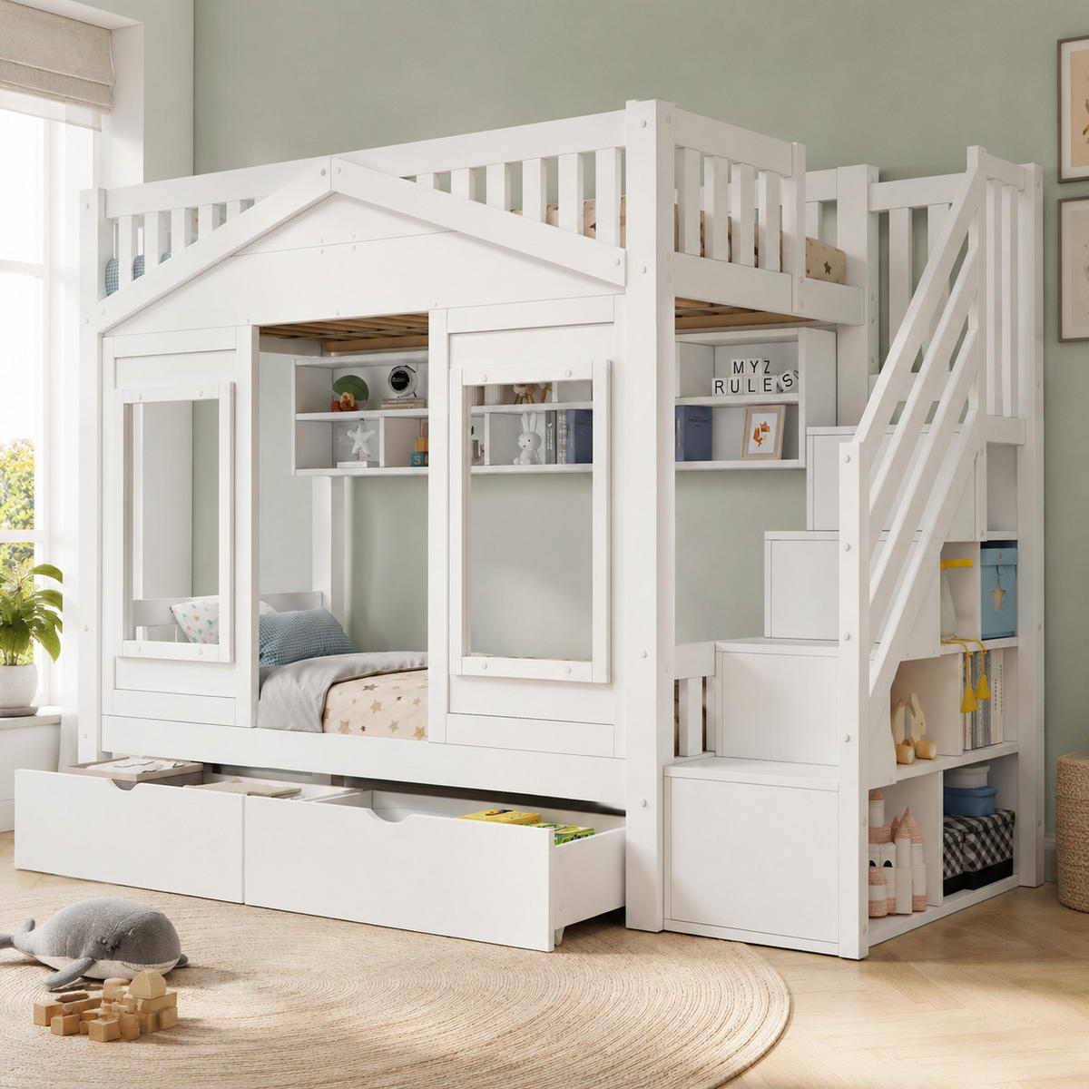 KINDERHOCHBETT 90x200 cm in Weiß mit Stauraumtreppe und Schublade - Weiß, Holz (90/200cm) - IVMEU