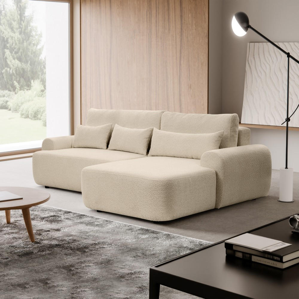 ECKSCHLAFSOFA Oliver im Bouclé-Gewebe, Beige, rechts - Beige/Schwarz, Textil (266/160cm) - Beautysofa