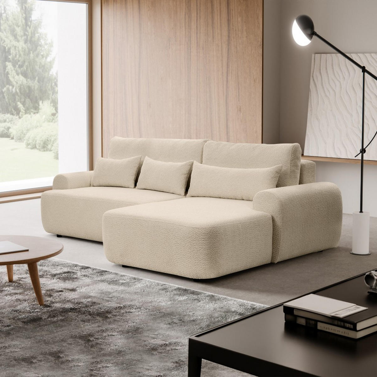 ECKSCHLAFSOFA Oliver im Bouclé-Gewebe, Beige, rechts - Beige/Schwarz, Textil (266/160cm) - Beautysofa