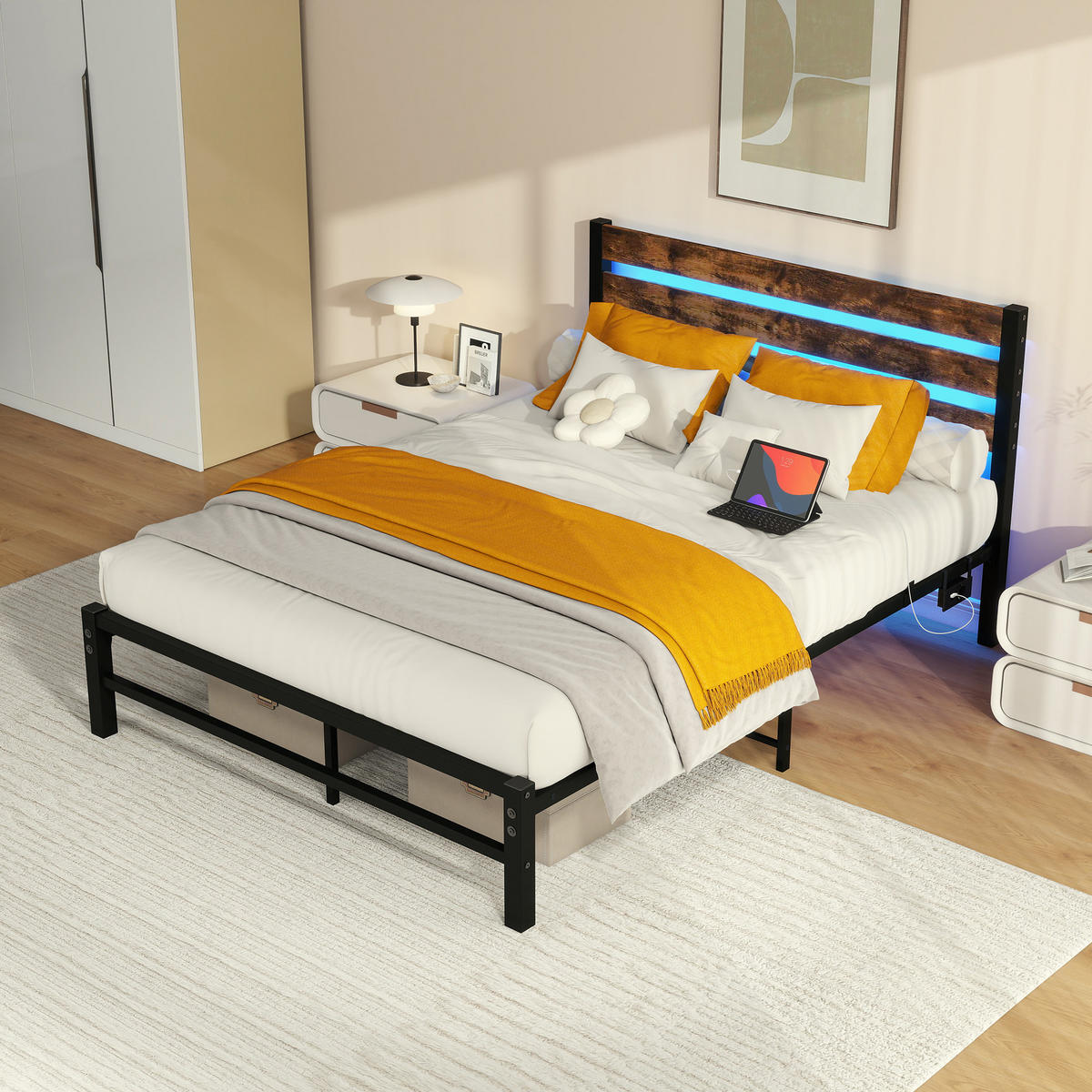 METALLBETT 140/200 cm Braun mit USB-Ladestation und LED-Bettrahmen - Braun, Metall (140/200cm) - Oxeza