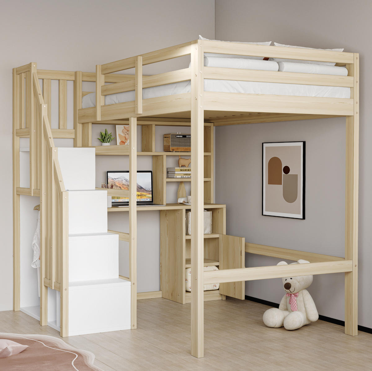 HOCHBETT 90/200 cm Naturholz mit Schreibtisch und Stauraum - Naturfarben, Holzwerkstoff (90/200cm) - OKWISH