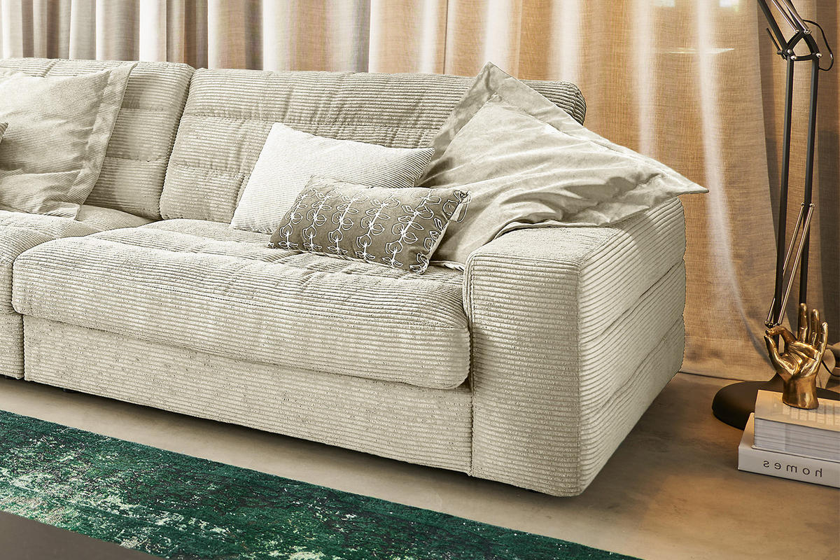 ECKSOFA XL LANA Cremeweiß Cord - Creme/Schwarz, Textil (416/205cm) - KAWOLA