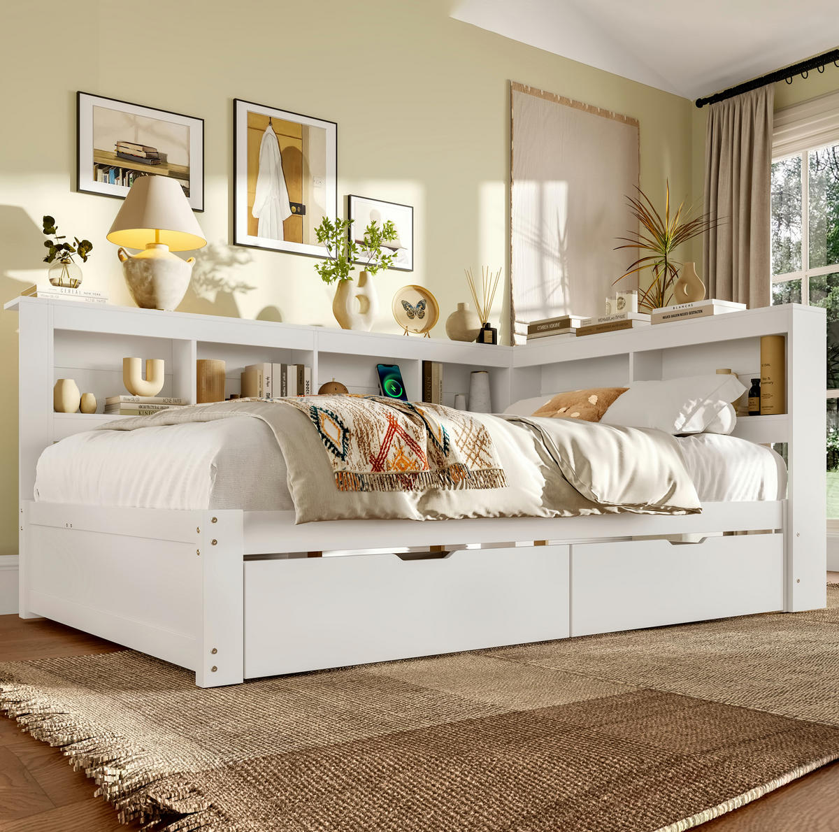 POLSTERBETT 140/200 cm Weiß mit 2 Schubladen und Steckdose mit 2 USB-Anschlüssen - Weiß, Holzwerkstoff (140/200cm) - Flora Grace