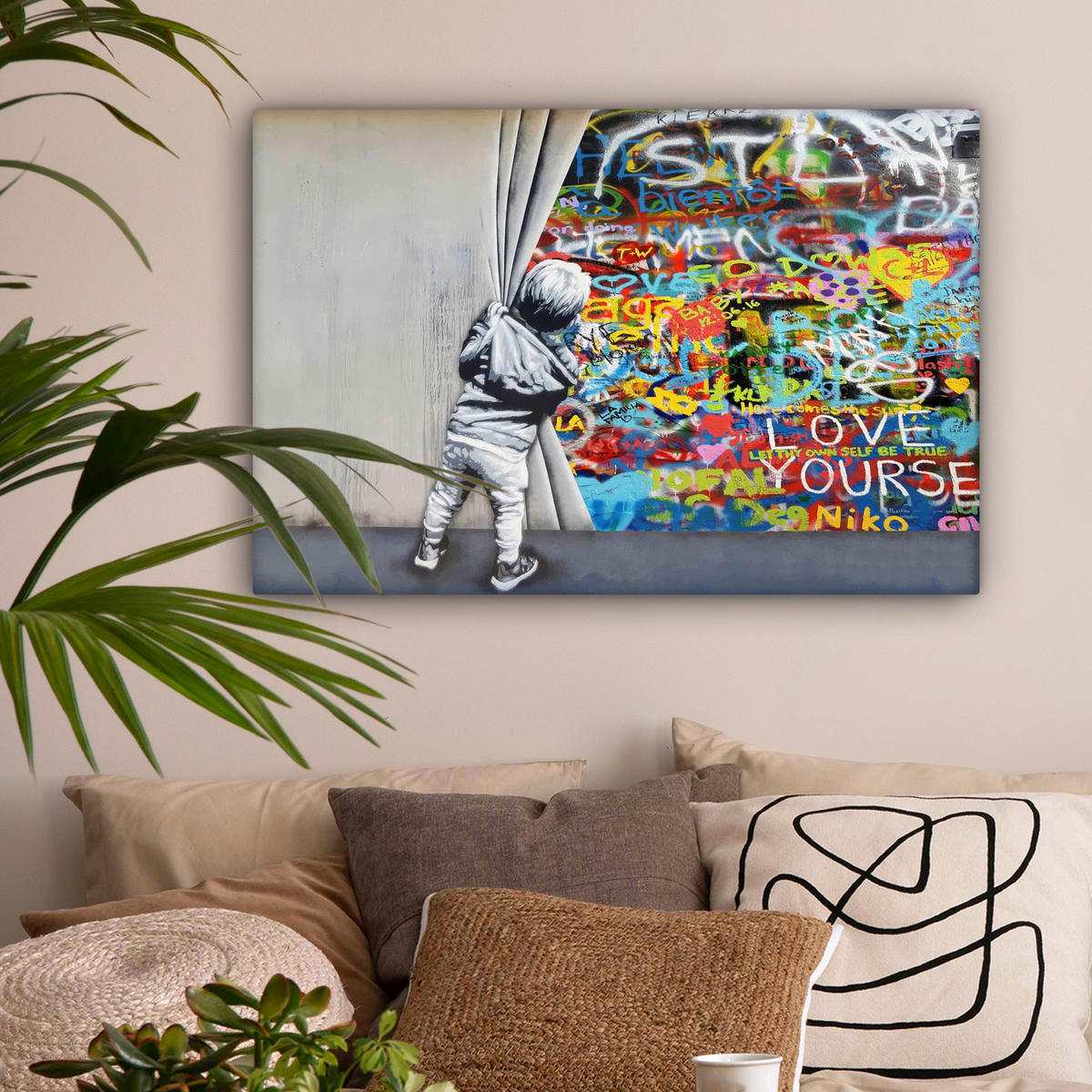 LEINWANDBILD Graffiti - Junge - Ilussie - Straßenkunst Wanddeko 90x60 cm - Hellgrau, Textil (90/60cm) - MuchoWow