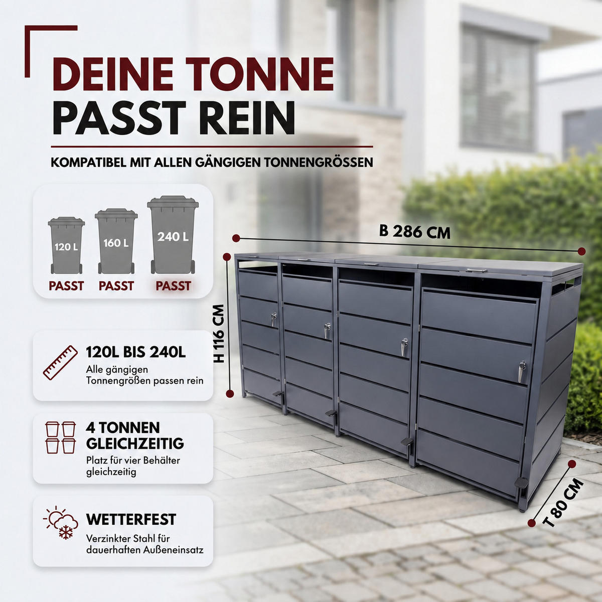 MÜLLTONNENBOX 4er mit Pedal - Anthrazit, Metall (286/116/80cm) - Albatros