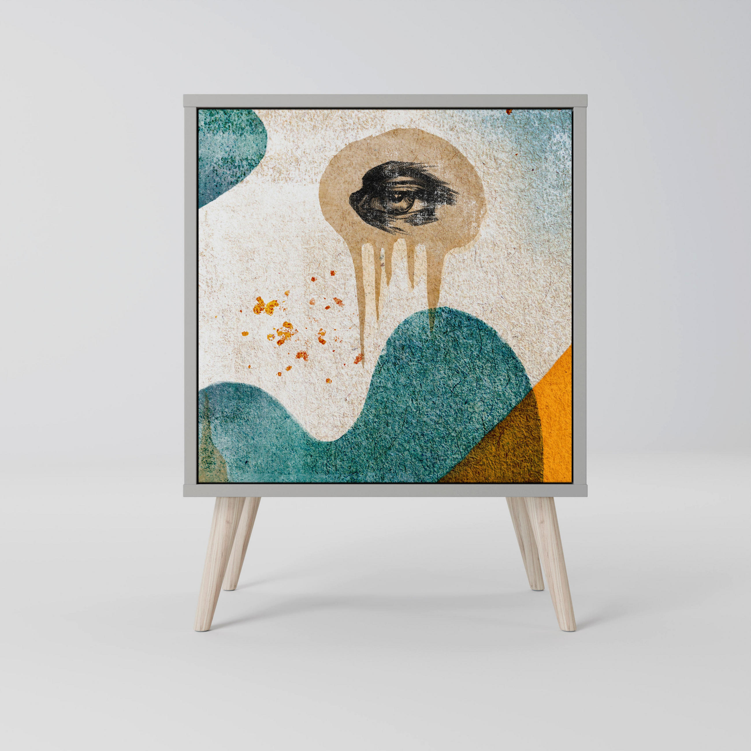 SIDEBOARD ABSTRACT FACES, Grau, 57,5x42x77,5 cm, Schräge Buchenholzfüße - Buchefarben/Multicolor, Holzwerkstoff/Buchenholz (57.5/77.5/42cm) - SpaceRebels