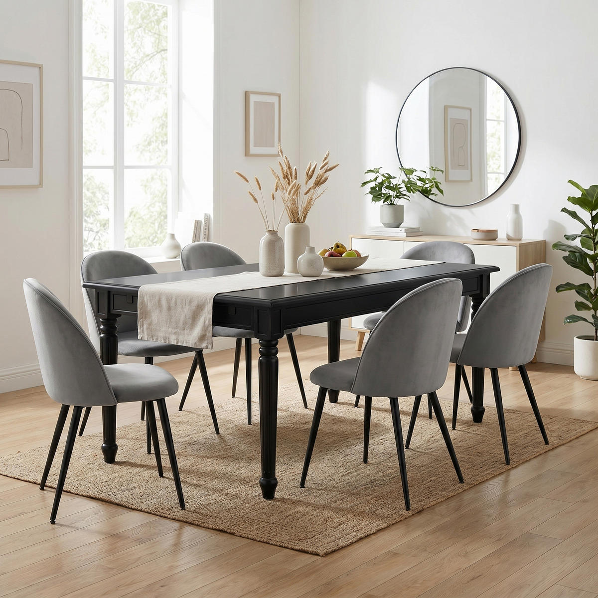 ESSGRUPPE Amaretta mit Esstisch Schwarz und 6 Stühlen Grau, 180 x 100 cm - Grau, Holz/Textil (180/75/100cm) - ebuy24