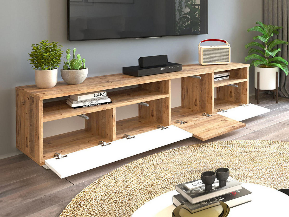 TV-MÖBEL mit 4 Türen & 2 Regalen - Holzfarben hell & Weiß - CEDONA - Naturfarben, Holz (180/44.6/44.5cm) - Vente-Unique