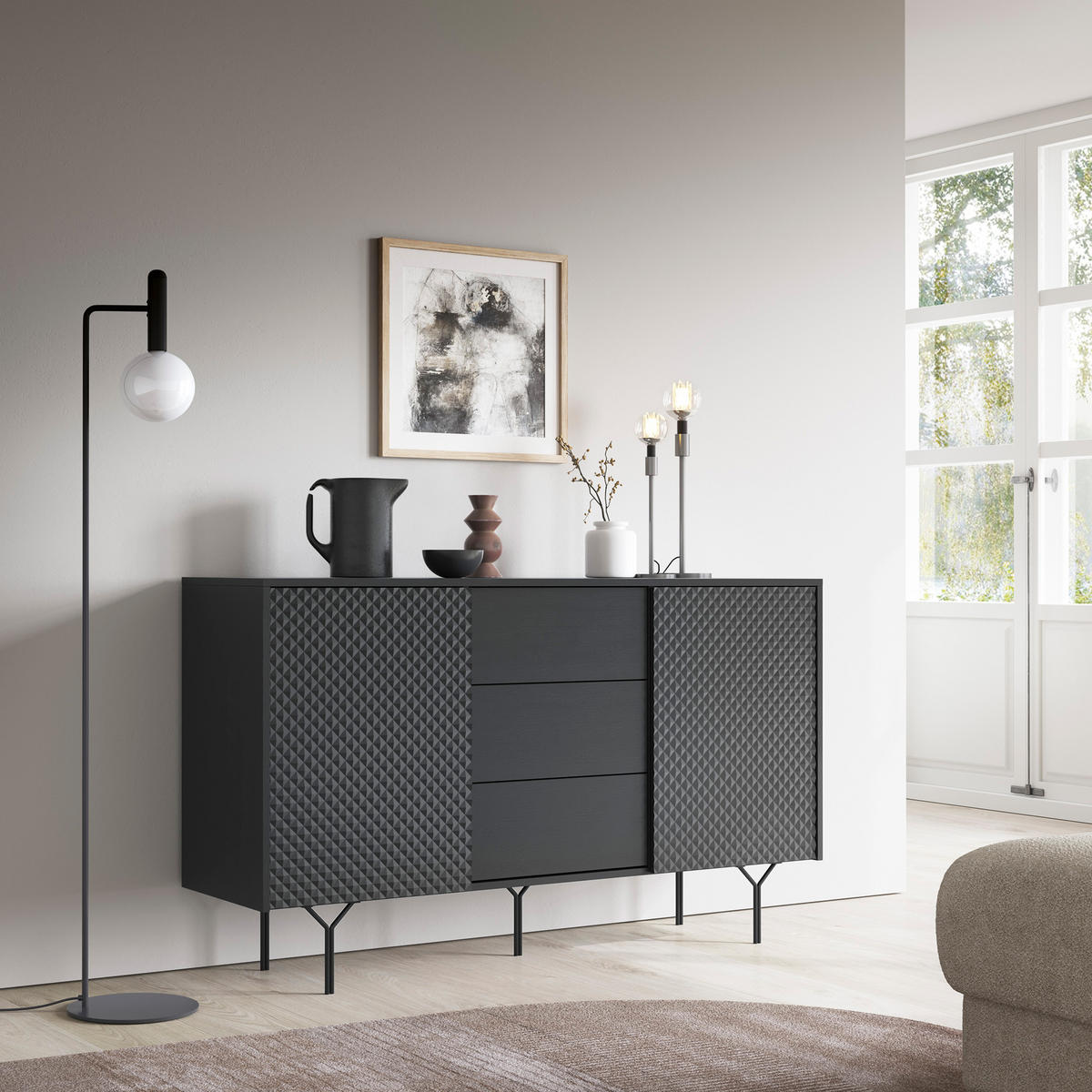 SIDEBOARD NEROCCI 144/83/38 cm mit 3 Schubladen 2 Türen Schwarz - Schwarz, Holzwerkstoff (144/83/38cm) - MASSENO
